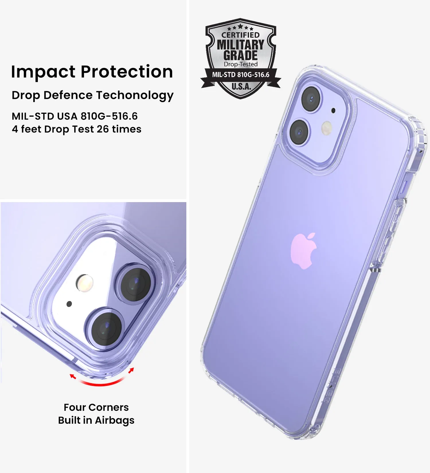 Ice Crystal Series Hybrid Scratch-Resistant Transparent PC Military Grade TPU Case for Apple iPhone 12, 6.1 inch, Crystal Clear