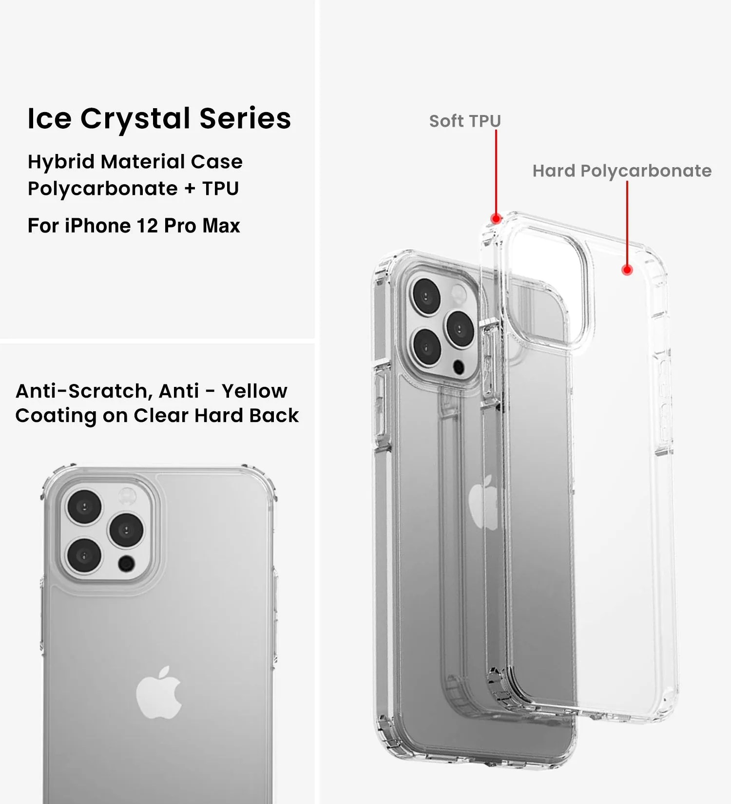 Ice Crystal Series Hybrid Scratch-Resistant Transparent PC Military Grade TPU Case for Apple iPhone 12 Pro Max, 6.7 inch, Crystal Clear