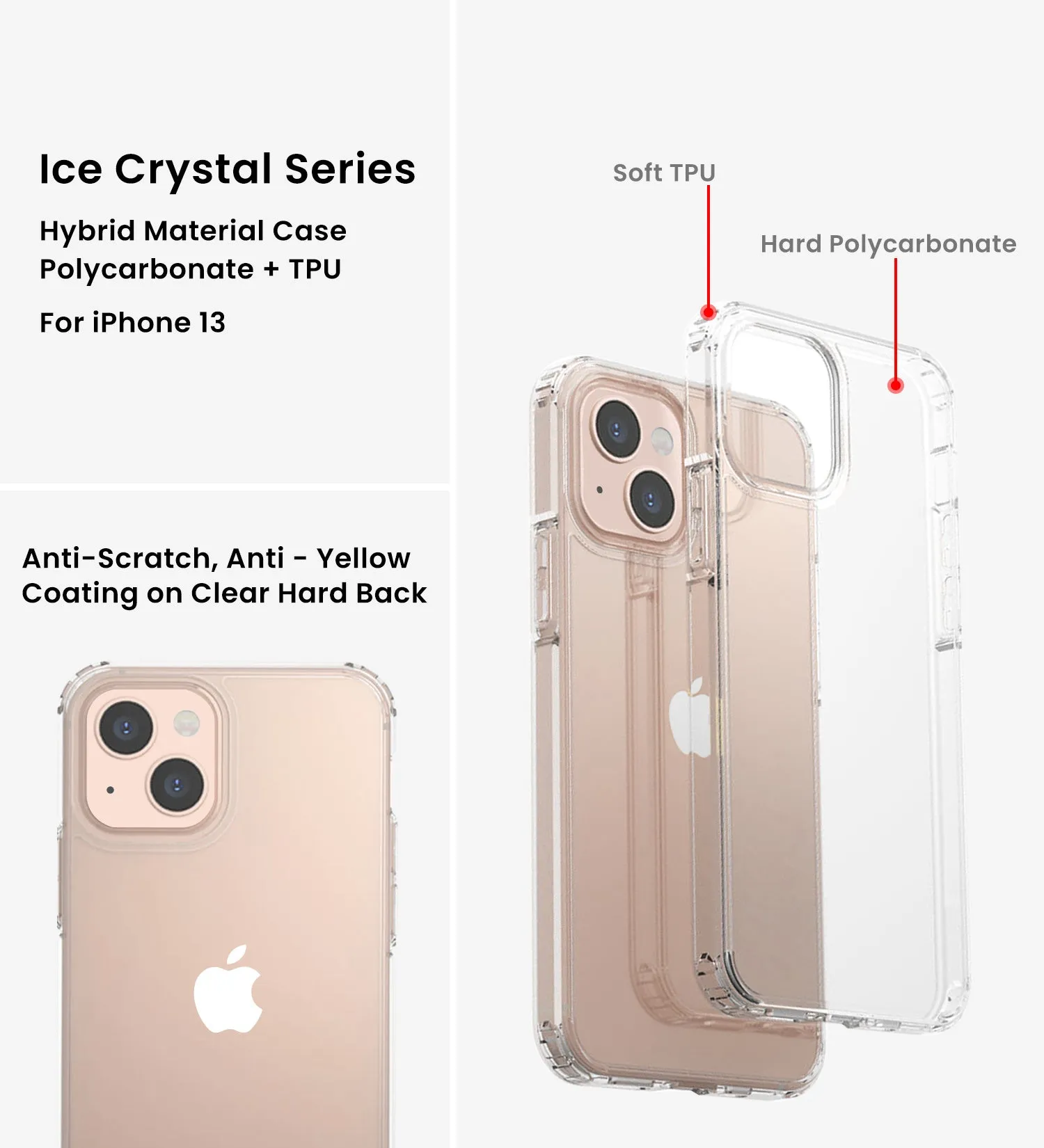Ice Crystal Series Hybrid Scratch-Resistant Transparent PC Military Grade TPU Case for Apple iPhone 13, 6.1 inch, Crystal Clear
