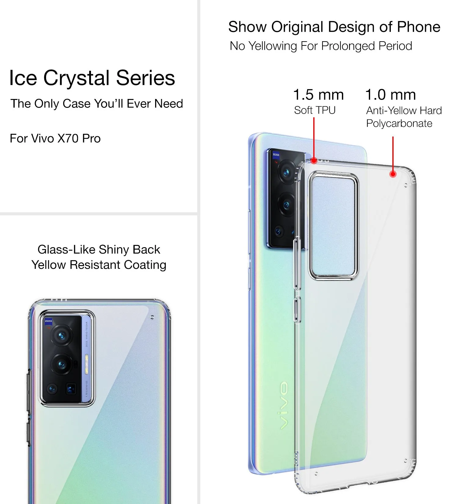 Ice Crystal Series Hybrid Scratch-Resistant Yellow Resistant Transparent PC Military Grade TPU Back Cover for Vivo X70 Pro [Not for Vivo X70 Pro Plus], 6.56 inch, Tinted Black