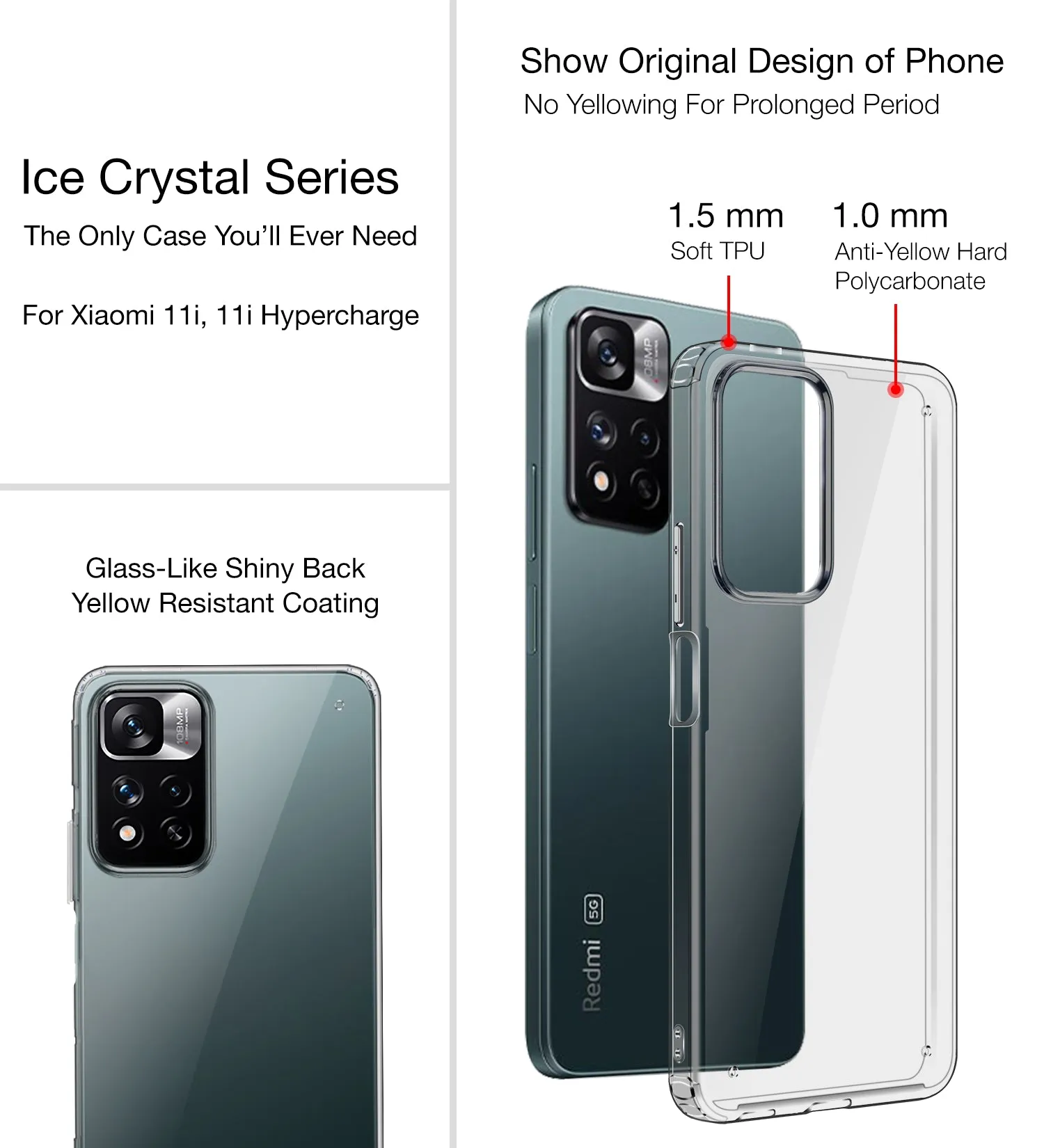 Ice Crystal Series Hybrid Scratch-Resistant Yellow Resistant Transparent PC Military Grade TPU Back Cover for Xiaomi 11i, Xiaomi 11i HyperCharge 5G, 6.67 inch, Black Clear