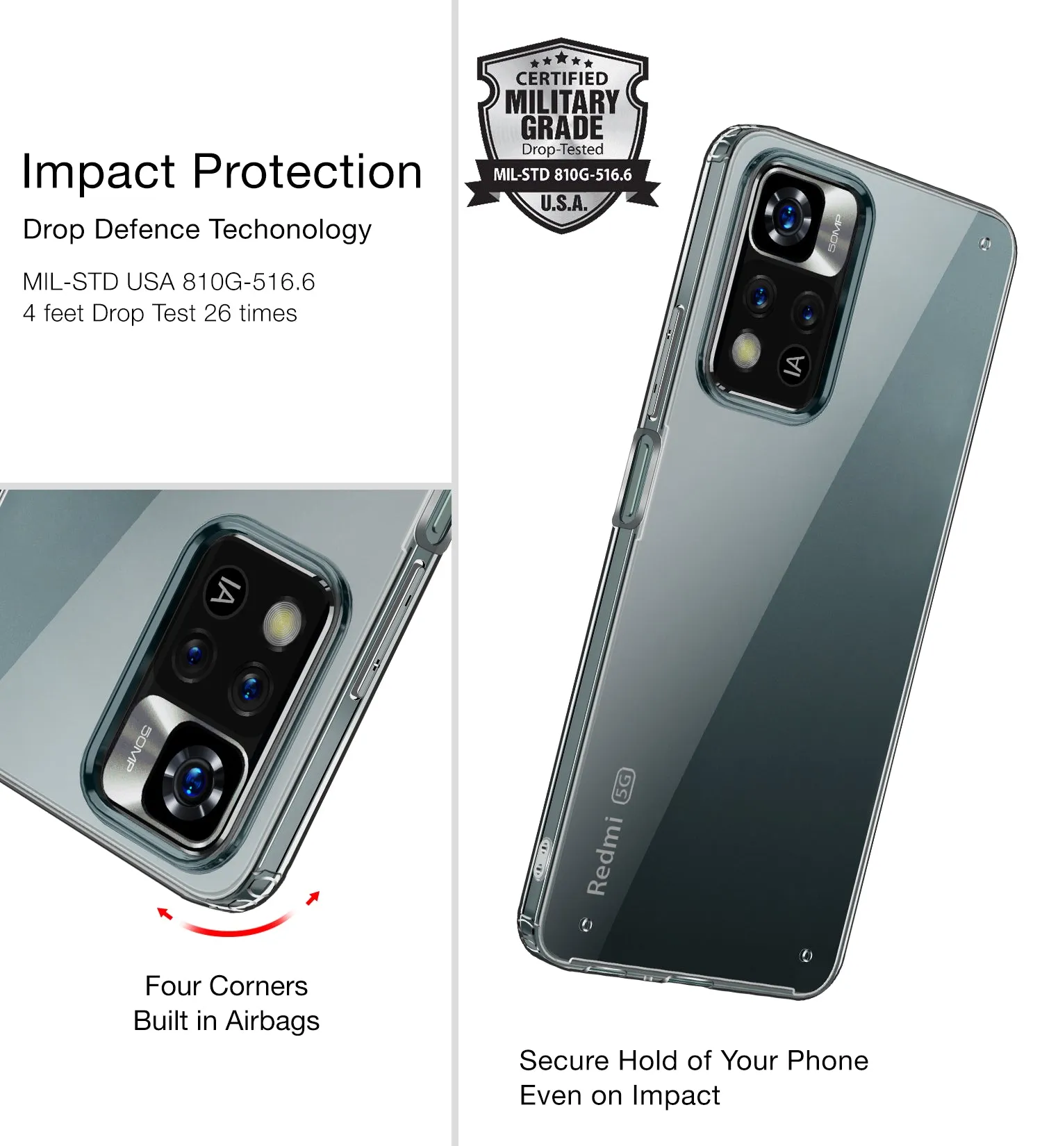 Ice Crystal Series Hybrid Scratch-Resistant Yellow Resistant Transparent PC Military Grade TPU Back Cover for Xiaomi 11i, Xiaomi 11i HyperCharge 5G, 6.67 inch, Black Clear