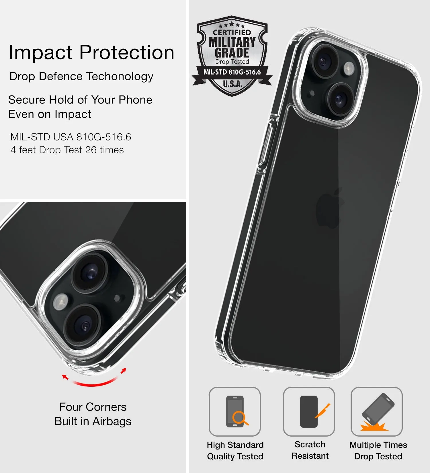 Ice Crystal Series Hybrid Transparent PC Military Grade TPU Back Cover for Apple iPhone 15, 6.1 inch, Crystal Clear