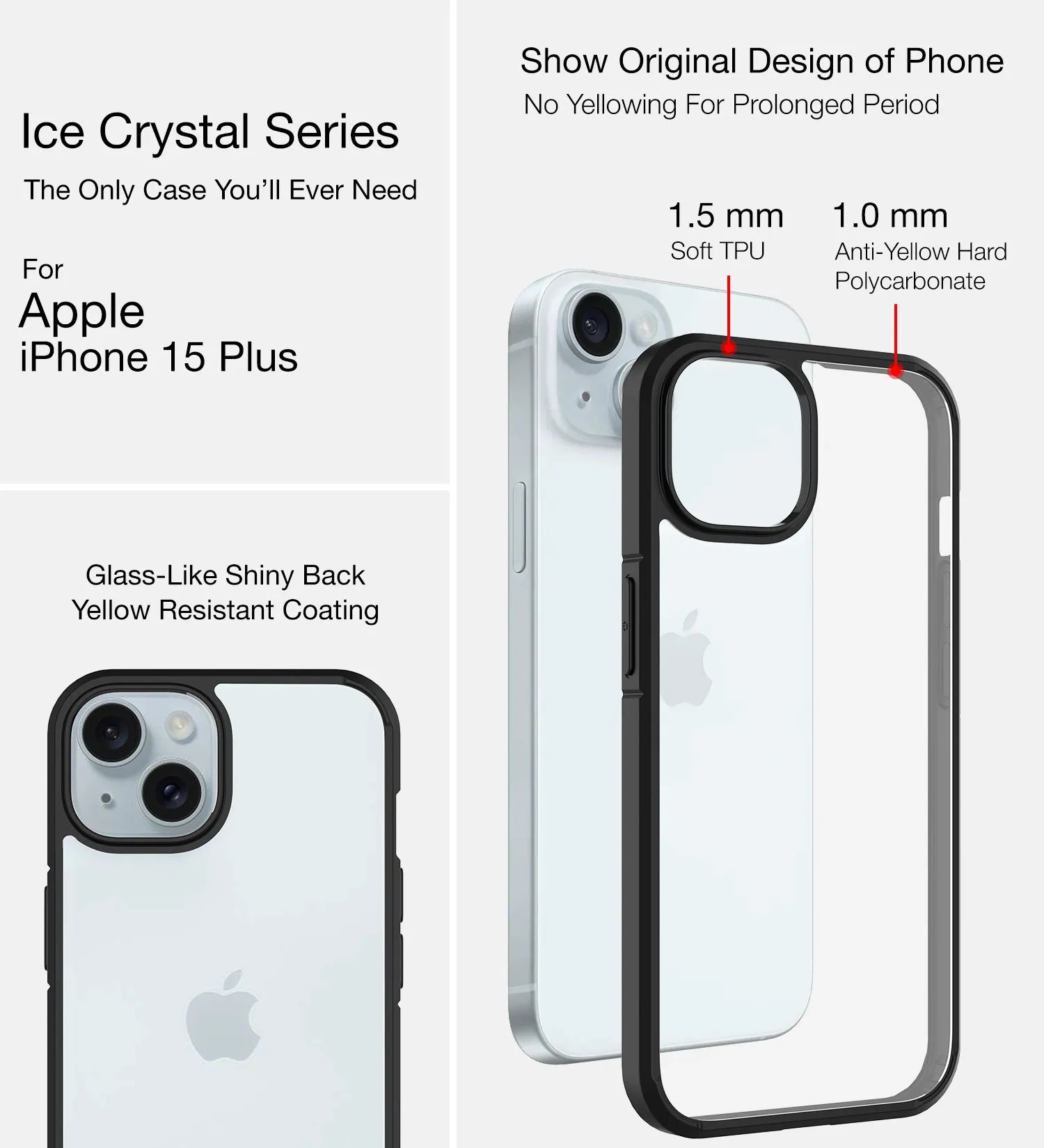 Ice Crystal Series Hybrid Transparent PC Military Grade TPU Back Cover for Apple iPhone 15 Plus, 6.7 inch, Black