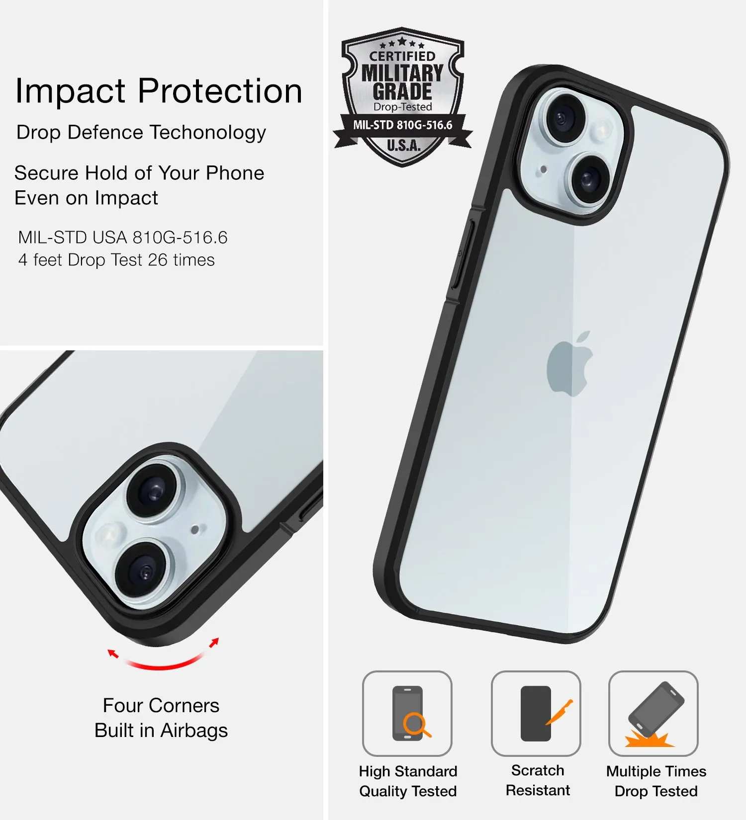 Ice Crystal Series Hybrid Transparent PC Military Grade TPU Back Cover for Apple iPhone 15 Plus, 6.7 inch, Black