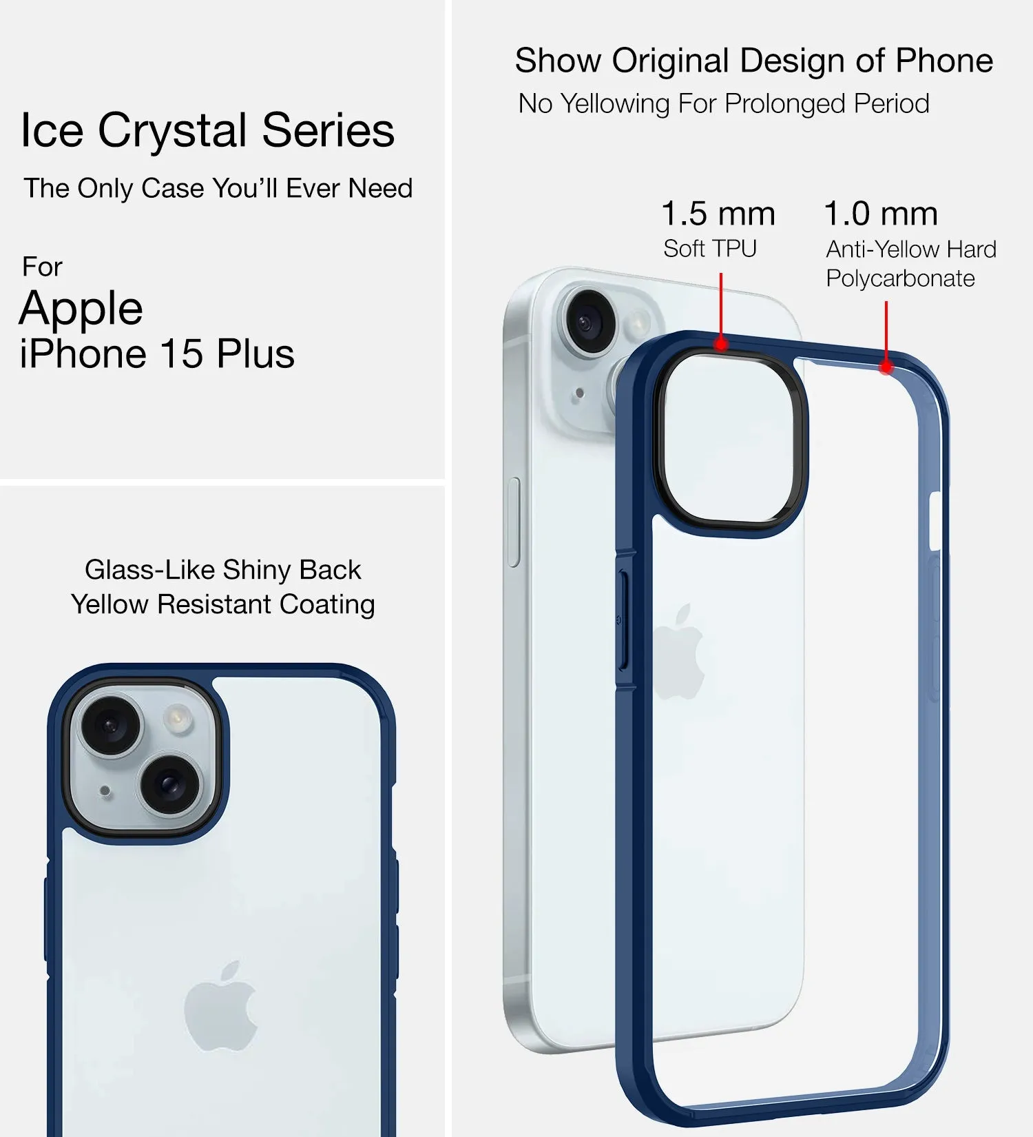 Ice Crystal Series Hybrid Transparent PC Military Grade TPU Back Cover for Apple iPhone 15 Plus, 6.7 inch, Blue
