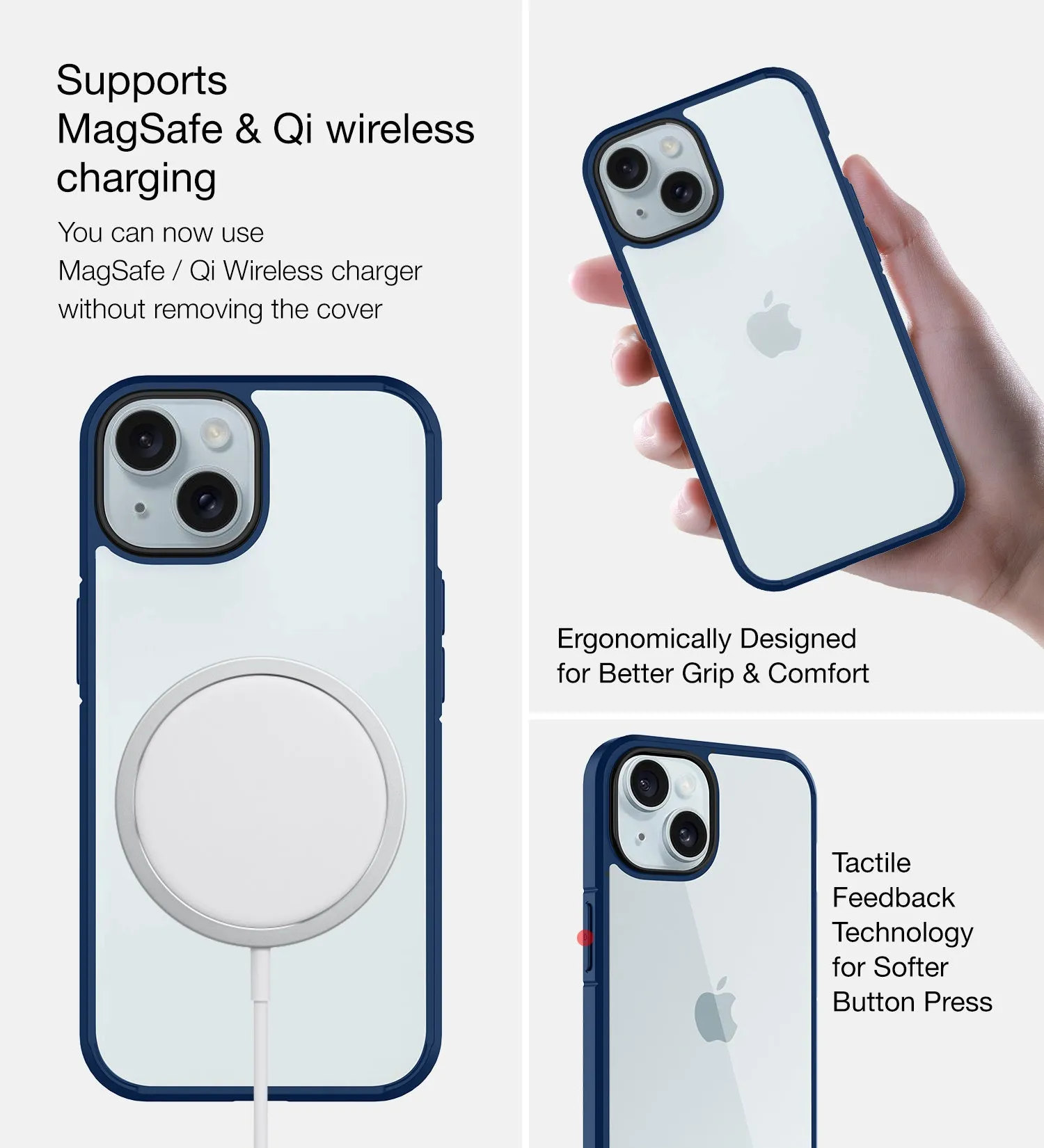 Ice Crystal Series Hybrid Transparent PC Military Grade TPU Back Cover for Apple iPhone 15 Plus, 6.7 inch, Blue