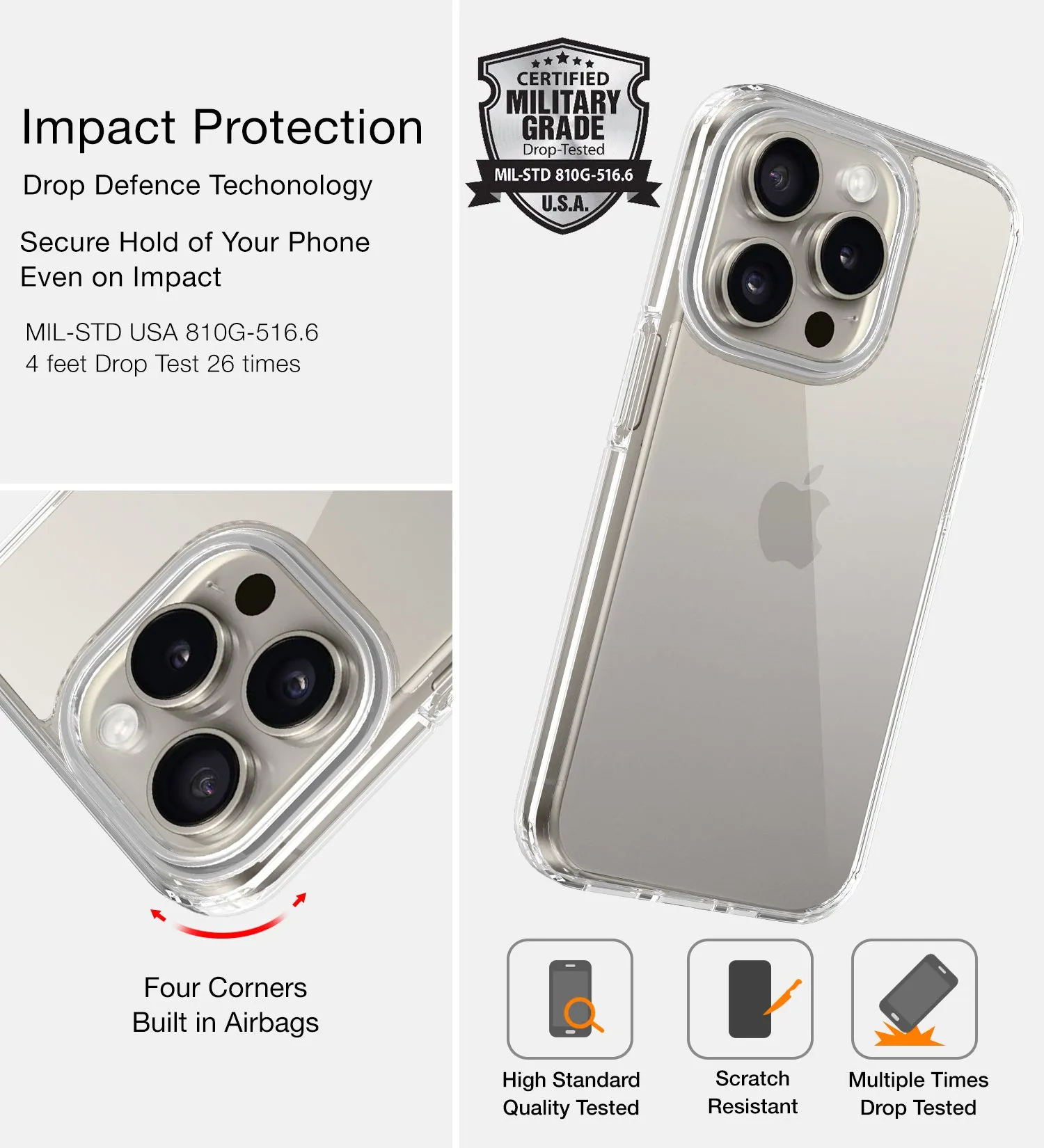 Ice Crystal Series Hybrid Transparent PC Military Grade TPU Back Cover for Apple iPhone 15 Pro, 6.1 inch, Crystal Clear