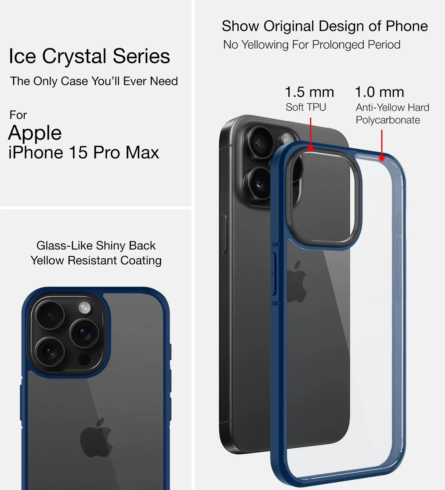 Ice Crystal Series Hybrid Transparent PC Military Grade TPU Back Cover for Apple iPhone 15 Pro Max, 6.7 inch, Blue