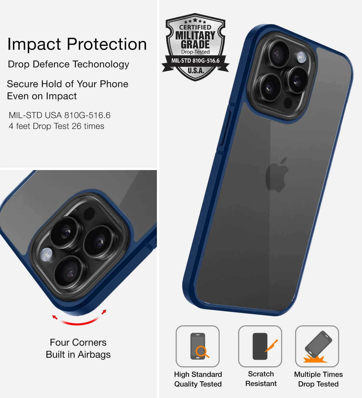 Ice Crystal Series Hybrid Transparent PC Military Grade TPU Back Cover for Apple iPhone 15 Pro Max, 6.7 inch, Blue