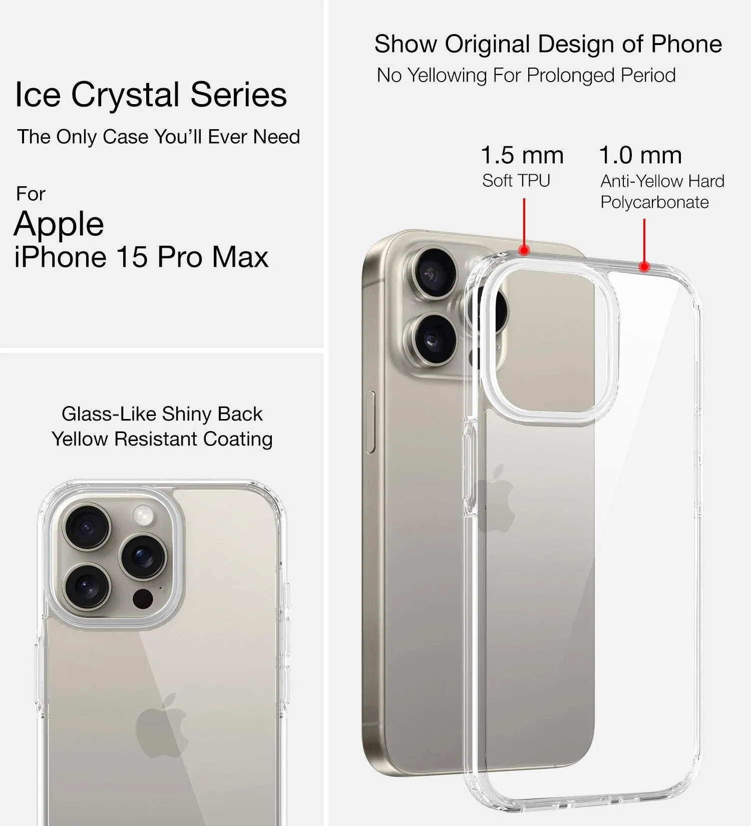 Ice Crystal Series Hybrid Transparent PC Military Grade TPU Back Cover for Apple iPhone 15 Pro Max, 6.7 inch, Crystal Clear