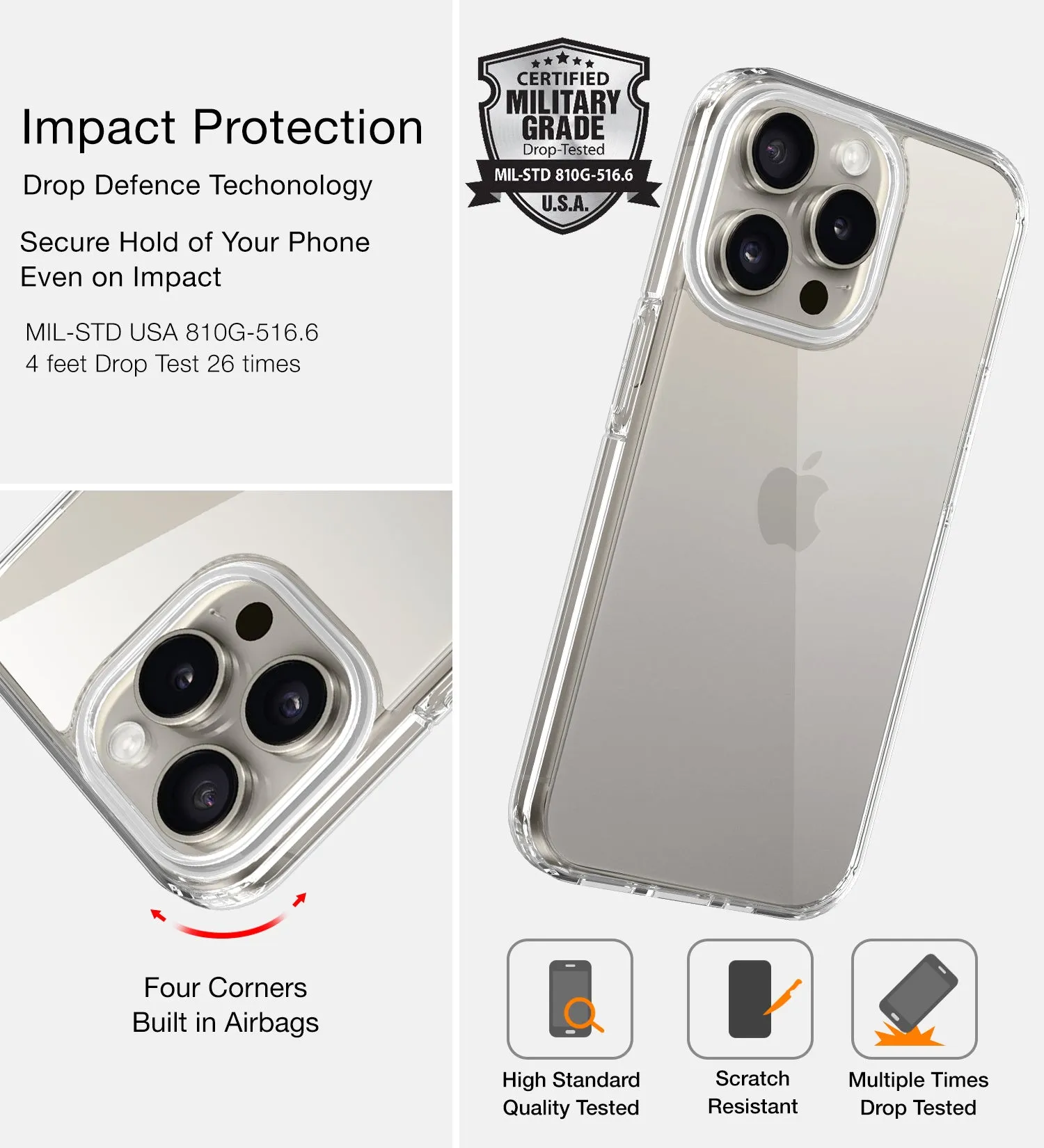 Ice Crystal Series Hybrid Transparent PC Military Grade TPU Back Cover for Apple iPhone 15 Pro Max, 6.7 inch, Crystal Clear