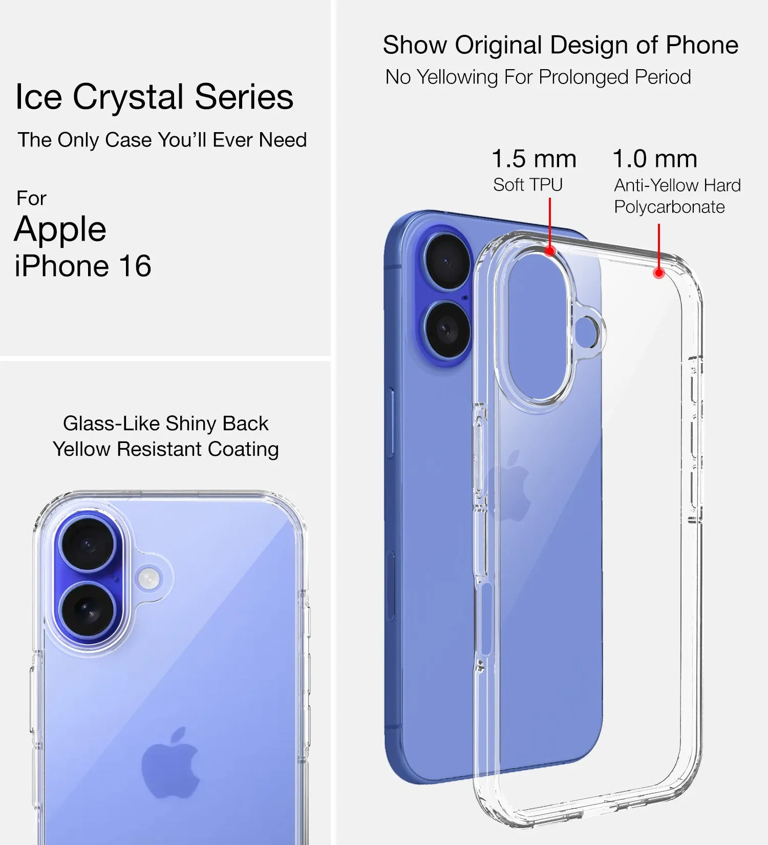 Ice Crystal Series Hybrid Transparent PC Military Grade TPU Back Cover for Apple iPhone 16, 6.1 inch, Crystal Clear