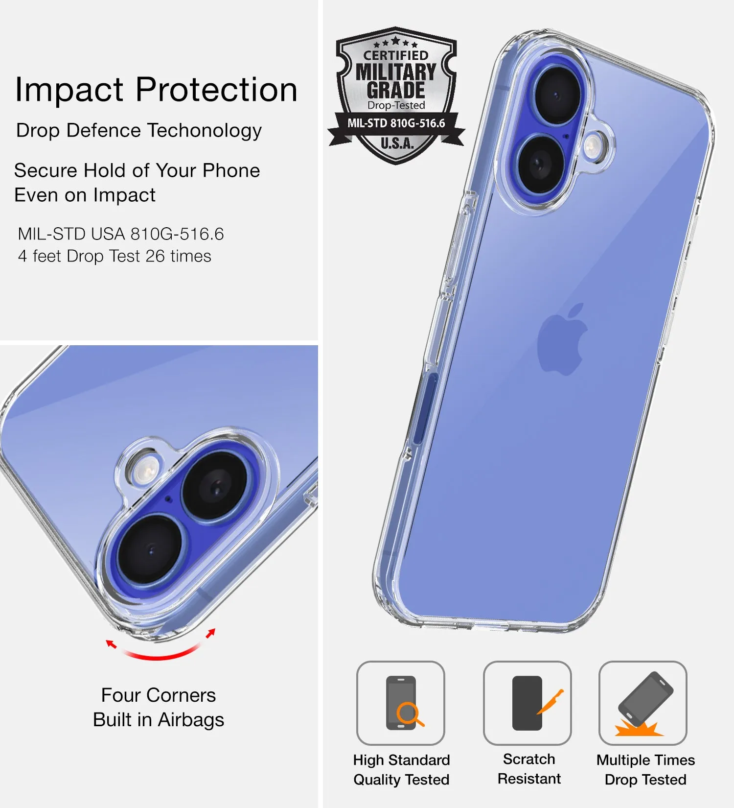Ice Crystal Series Hybrid Transparent PC Military Grade TPU Back Cover for Apple iPhone 16, 6.1 inch, Crystal Clear