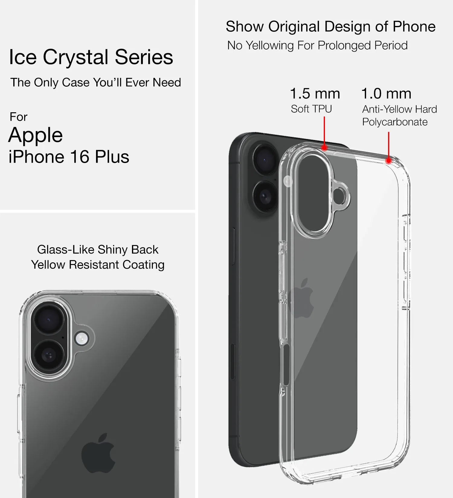 Ice Crystal Series Hybrid Transparent PC Military Grade TPU Back Cover for Apple iPhone 16 Plus, 6.7 inch, Crystal Clear