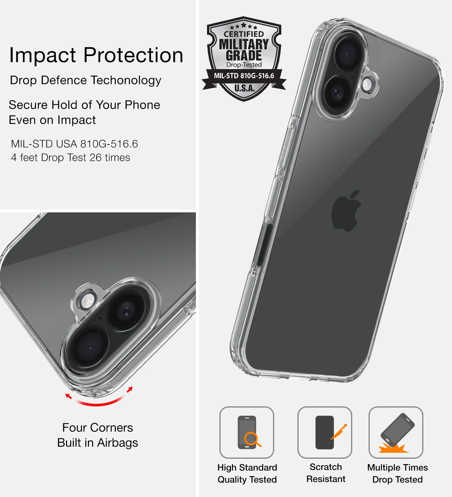 Ice Crystal Series Hybrid Transparent PC Military Grade TPU Back Cover for Apple iPhone 16 Plus, 6.7 inch, Crystal Clear