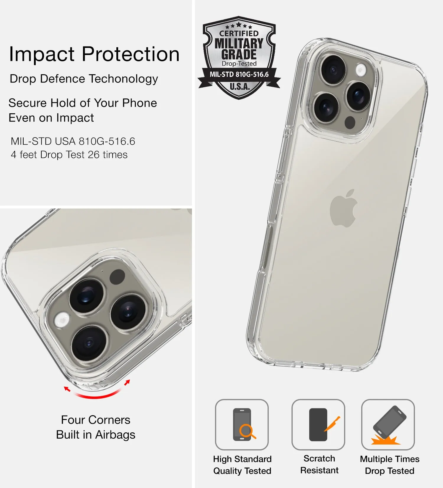 Ice Crystal Series Hybrid Transparent PC Military Grade TPU Back Cover for Apple iPhone 16 Pro Max, 6.9 inch, Crystal Clear