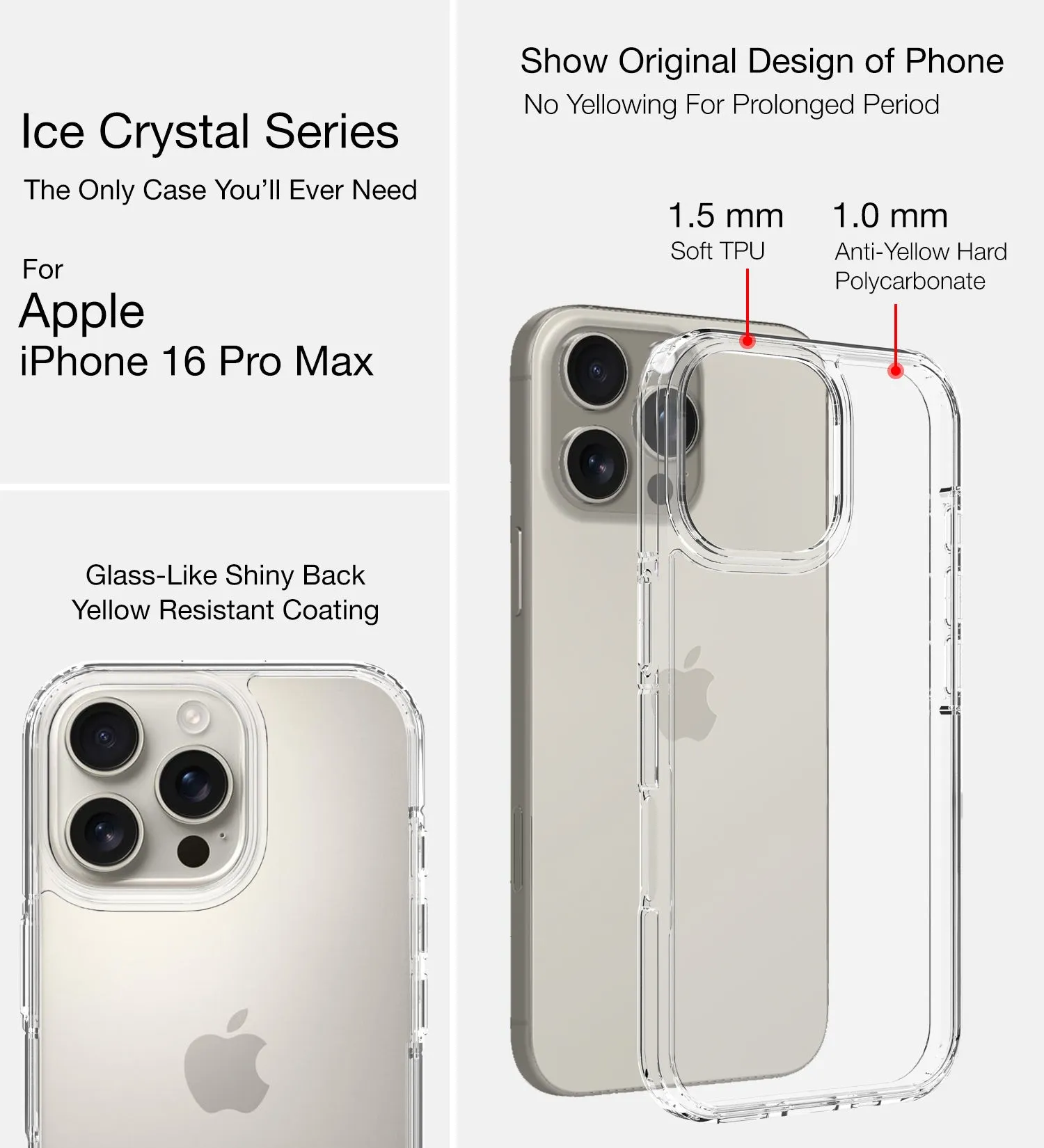 Ice Crystal Series Hybrid Transparent PC Military Grade TPU Back Cover for Apple iPhone 16 Pro Max, 6.9 inch, Crystal Clear