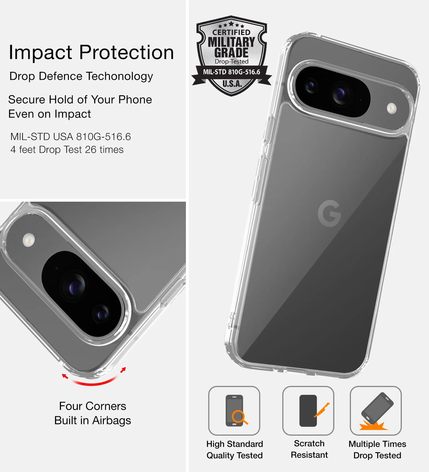 Ice Crystal Series Hybrid Transparent PC Military Grade TPU Back Cover for Google Pixel 9 5G, Google Pixel 9 Pro 5G, 6.3 inch, Crystal Clear
