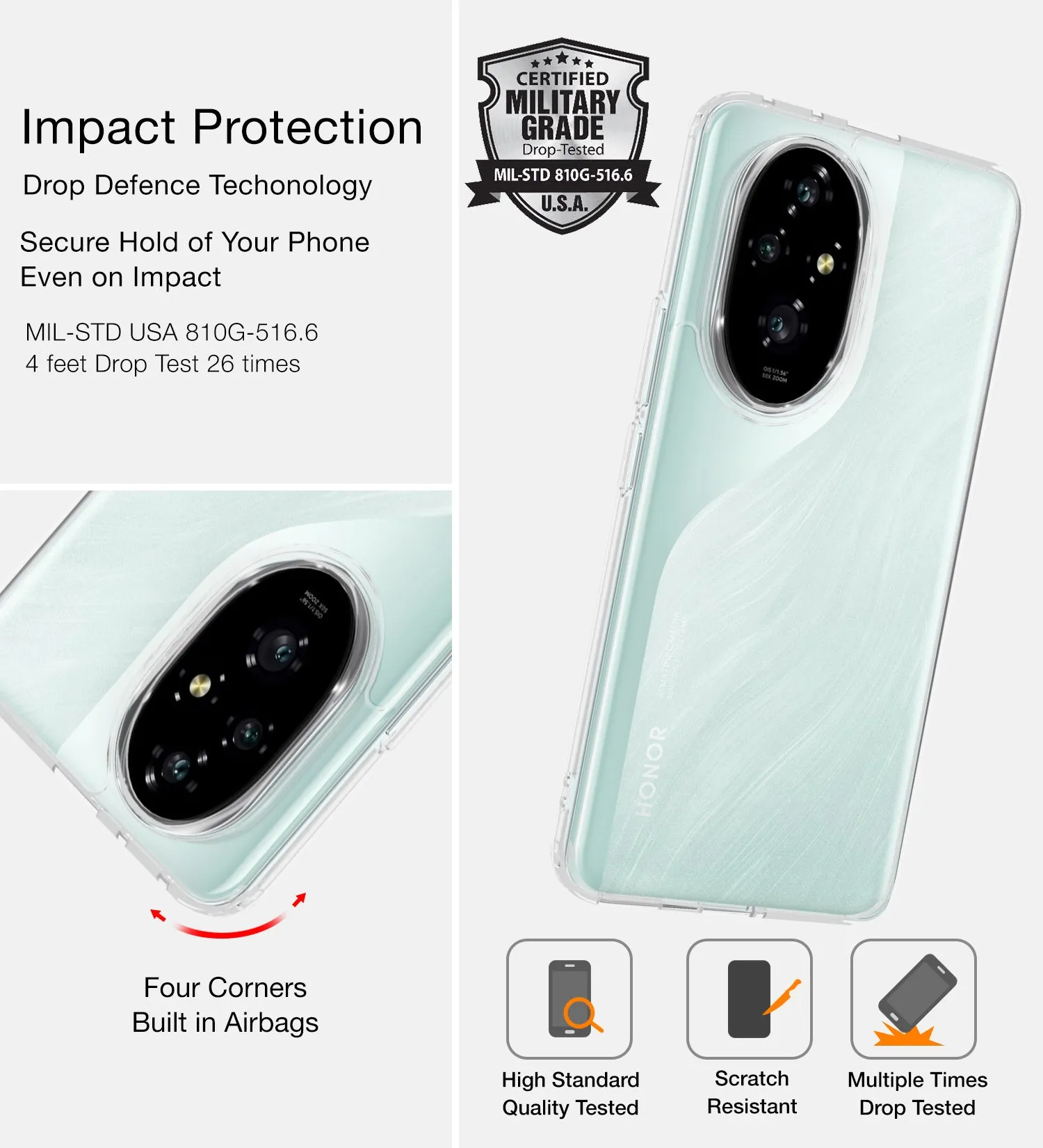 Ice Crystal Series Hybrid Transparent PC Military Grade TPU Back Cover for Honor 200 Pro 5G, 6.78 inch, Crystal Clear