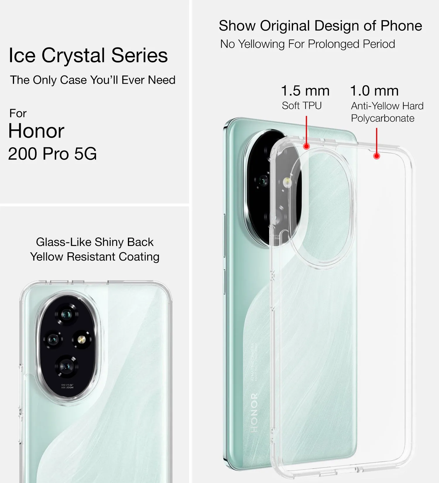 Ice Crystal Series Hybrid Transparent PC Military Grade TPU Back Cover for Honor 200 Pro 5G, 6.78 inch, Crystal Clear