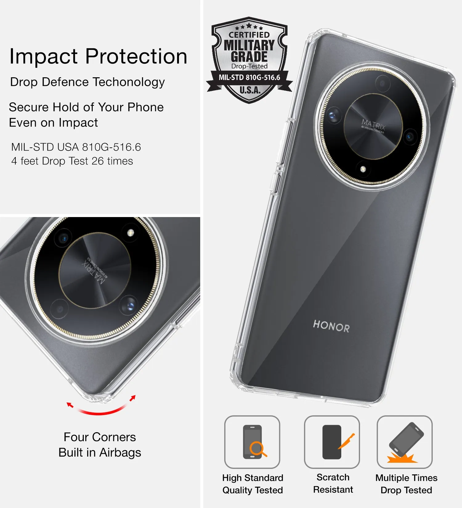 Ice Crystal Series Hybrid Transparent PC Military Grade TPU Back Cover for Honor X9b 5G, 6.78 inch, Crystal Clear