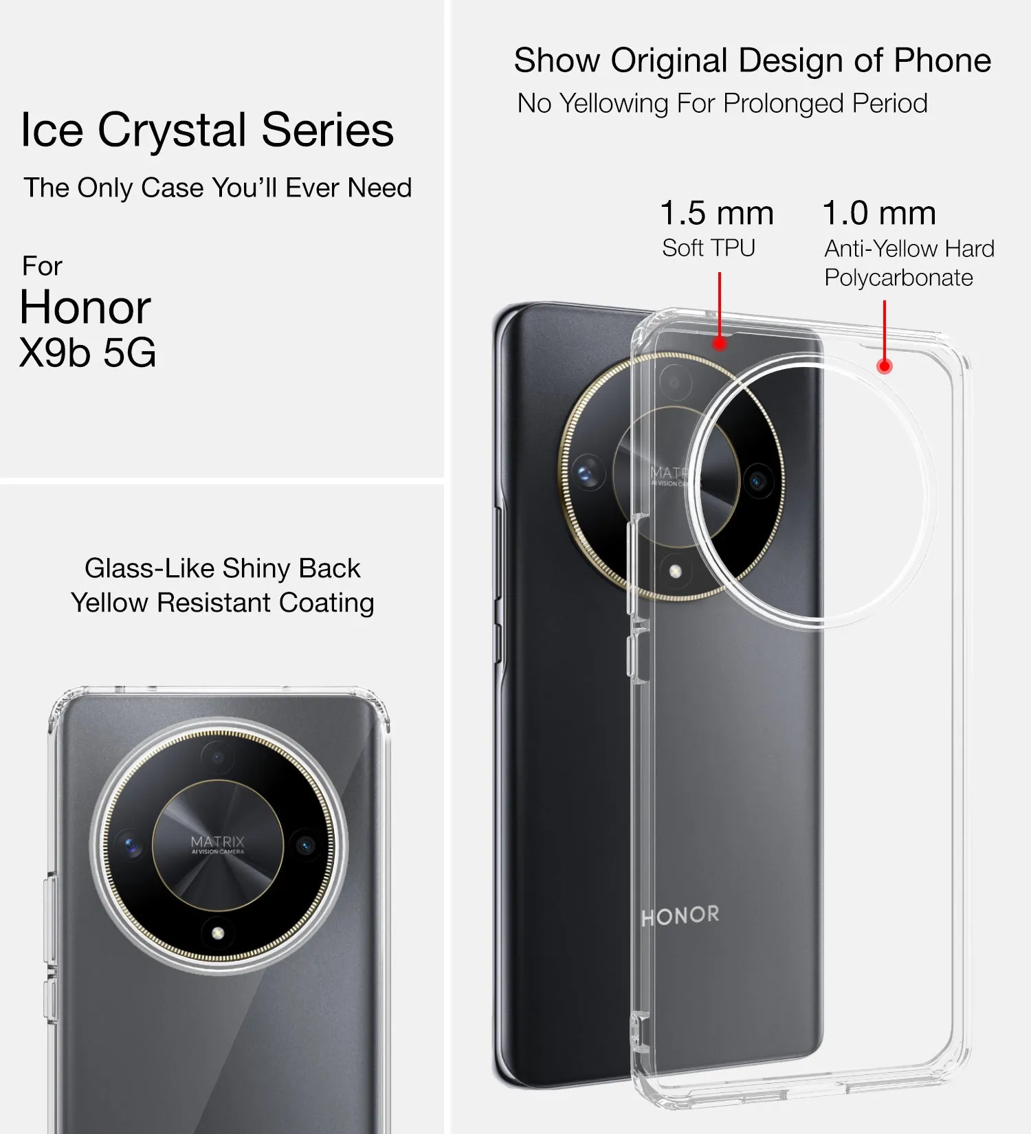 Ice Crystal Series Hybrid Transparent PC Military Grade TPU Back Cover for Honor X9b 5G, 6.78 inch, Crystal Clear