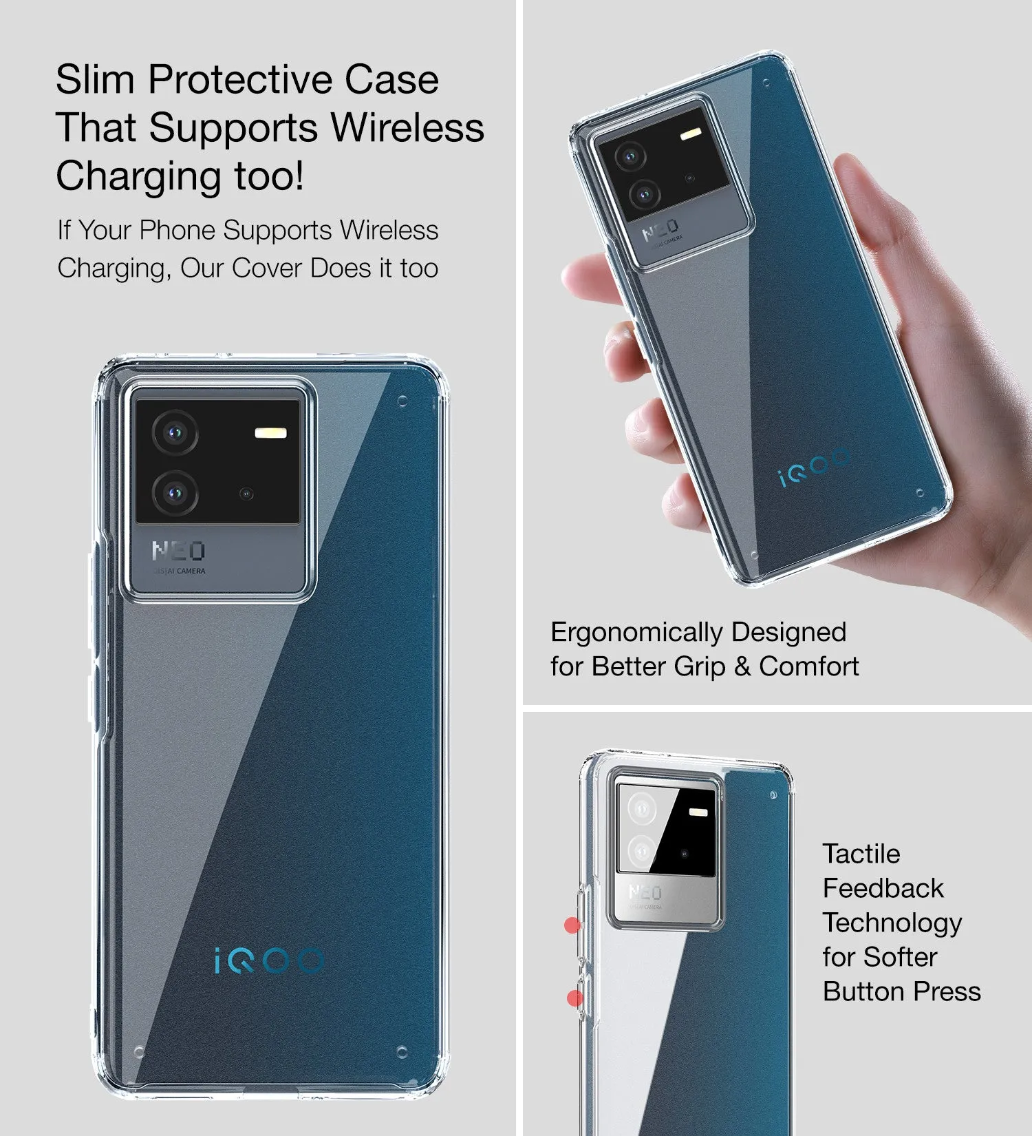 Ice Crystal Series Hybrid Transparent PC Military Grade TPU Back Cover for iQOO Neo 6 5G, 6.62 inch, Crystal Clear