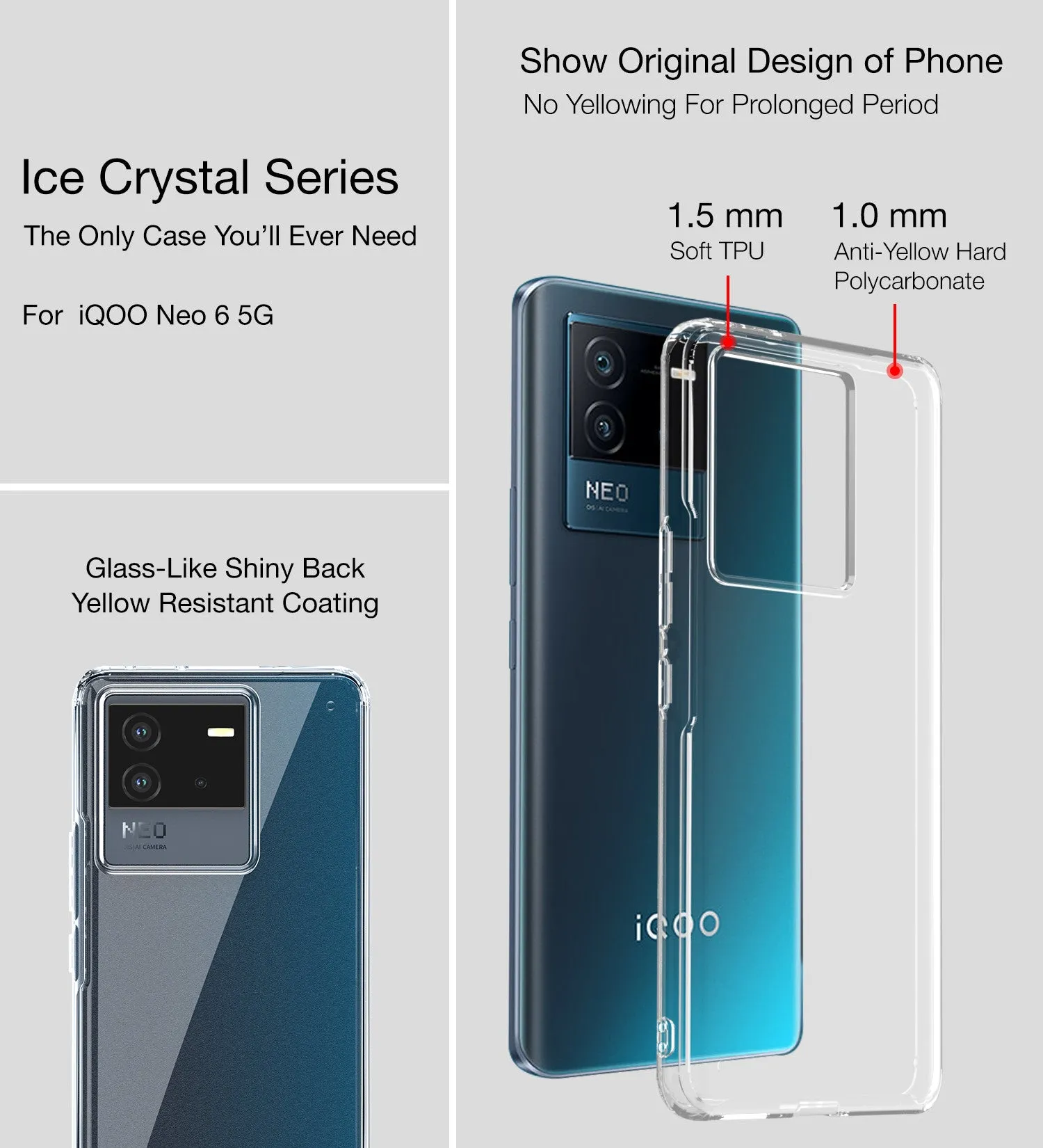 Ice Crystal Series Hybrid Transparent PC Military Grade TPU Back Cover for iQOO Neo 6 5G, 6.62 inch, Crystal Clear