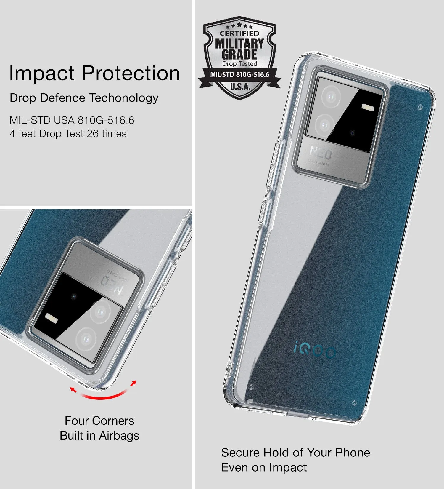 Ice Crystal Series Hybrid Transparent PC Military Grade TPU Back Cover for iQOO Neo 6 5G, 6.62 inch, Crystal Clear