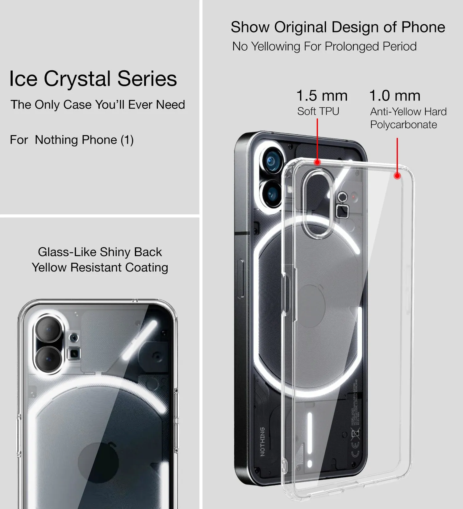 Ice Crystal Series Hybrid Transparent PC Military Grade TPU Back Cover for Nothing Phone (1), 6.55 inch, Crystal Clear