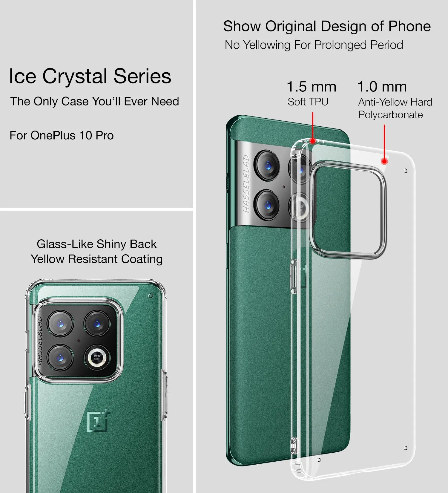 Ice Crystal Series Hybrid Transparent PC Military Grade TPU Back Cover for OnePlus 10 Pro 5G, 6.7 inch, Crystal Clear