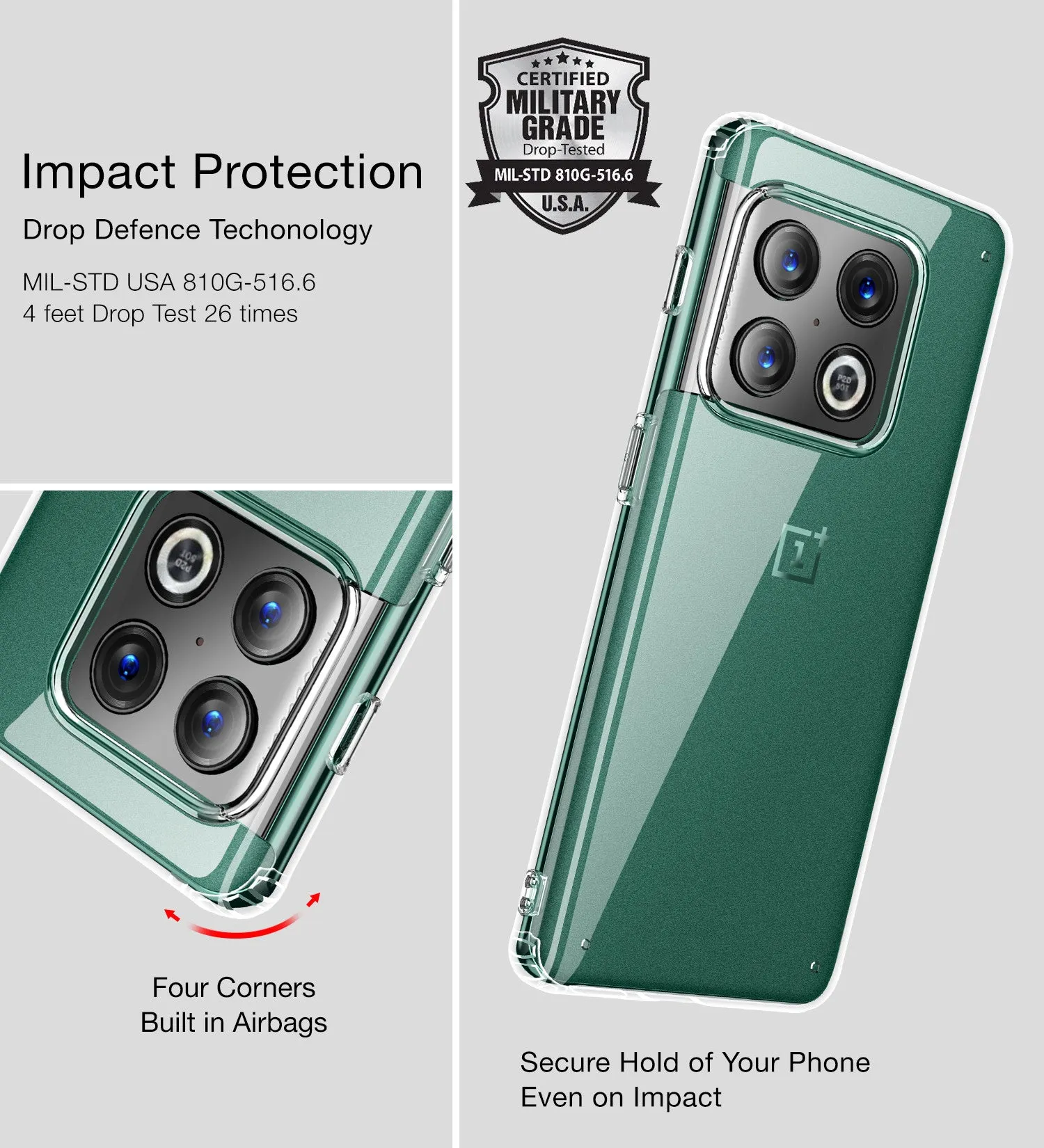 Ice Crystal Series Hybrid Transparent PC Military Grade TPU Back Cover for OnePlus 10 Pro 5G, 6.7 inch, Crystal Clear