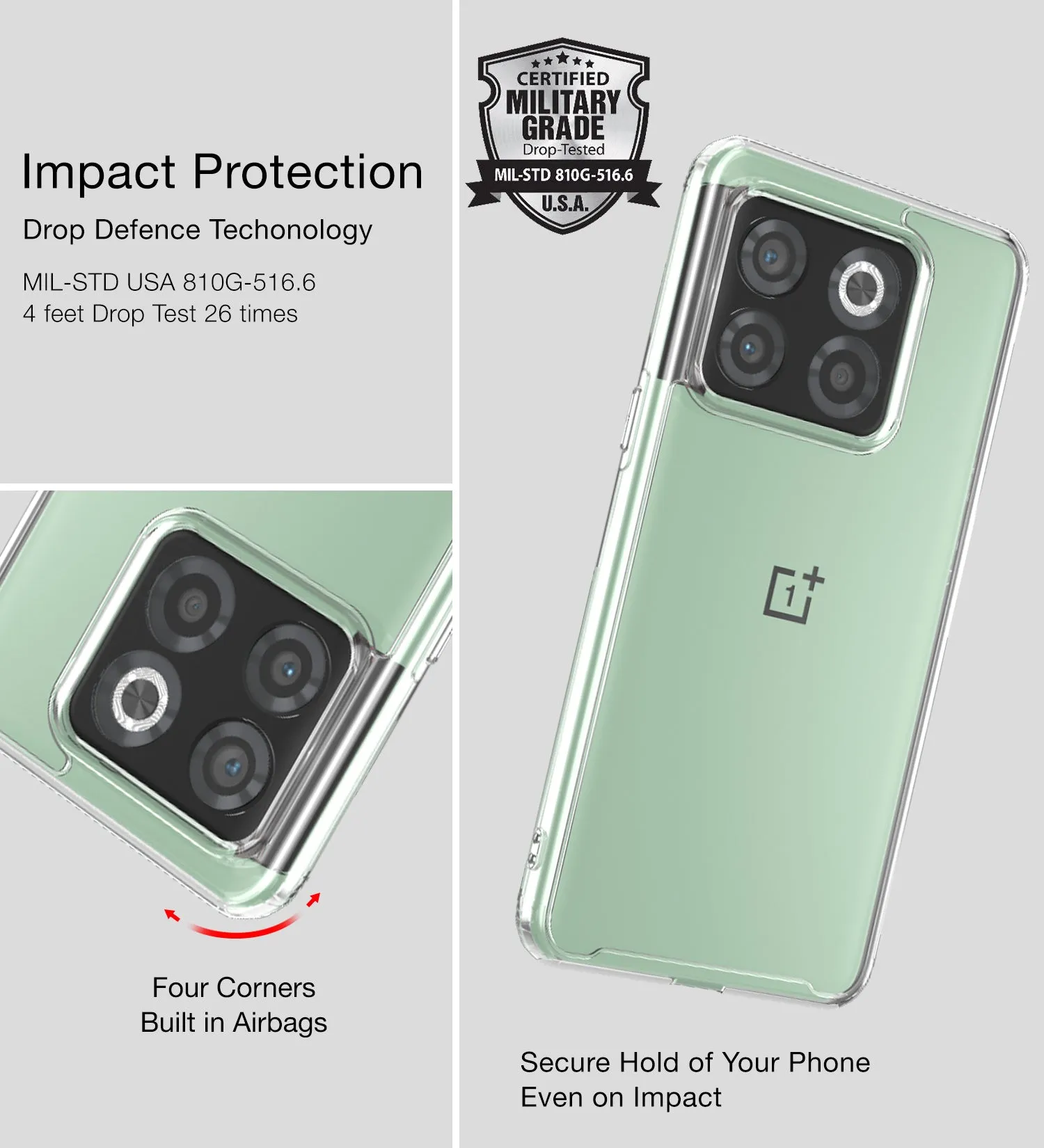 Ice Crystal Series Hybrid Transparent PC Military Grade TPU Back Cover for OnePlus 10T 5G, 6.7 inch, Crystal Clear