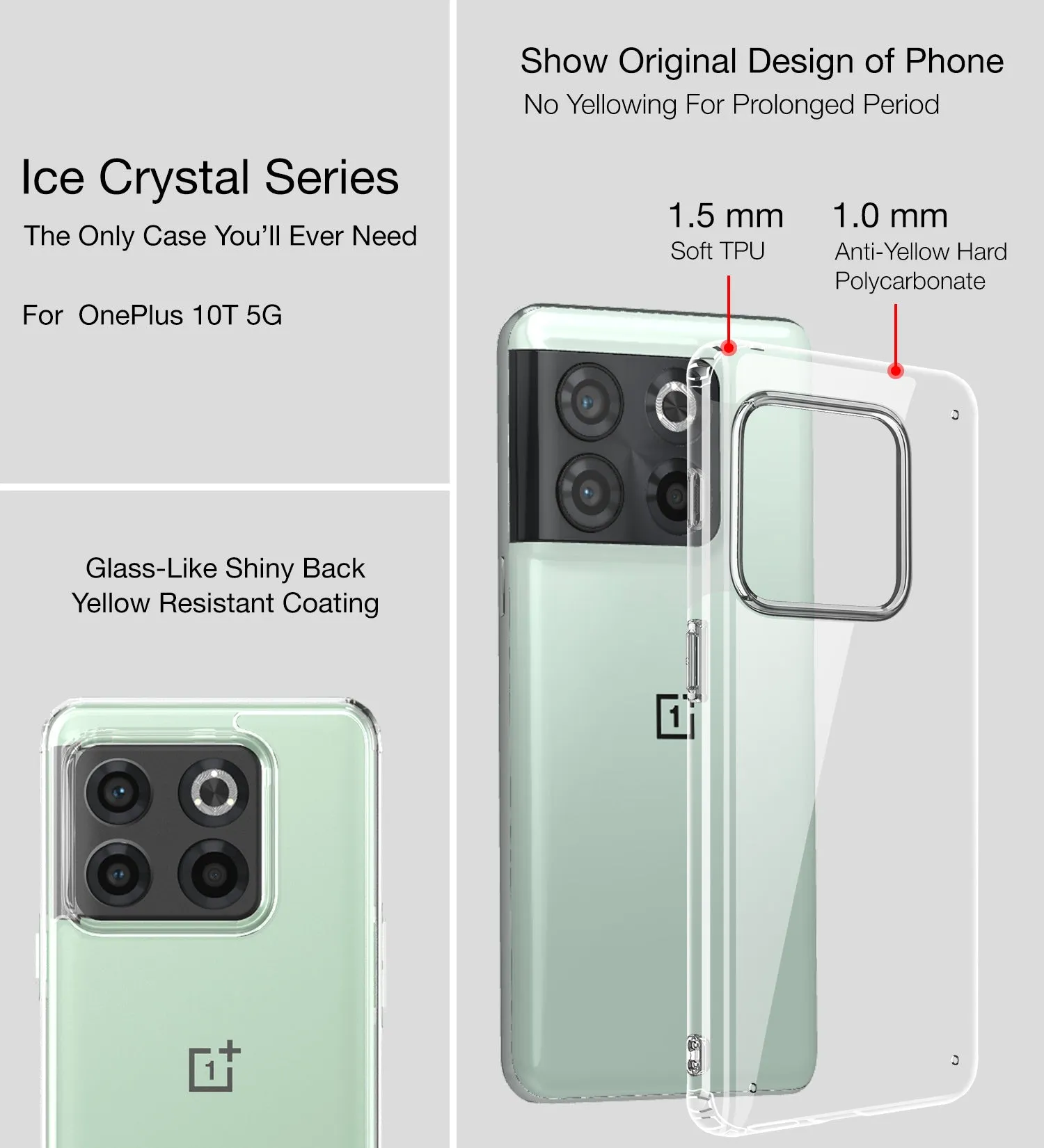Ice Crystal Series Hybrid Transparent PC Military Grade TPU Back Cover for OnePlus 10T 5G, 6.7 inch, Crystal Clear