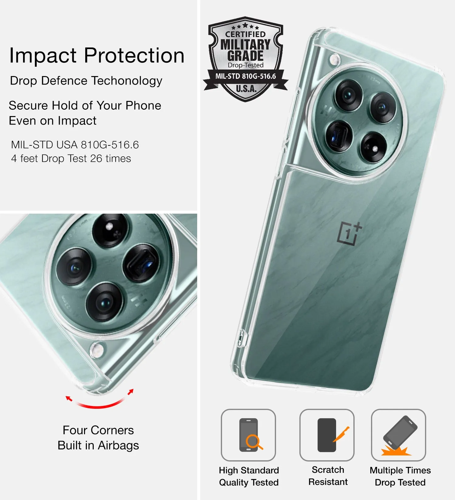 Ice Crystal Series Hybrid Transparent PC Military Grade TPU Back Cover for OnePlus 12 5G, 6.82 inch, Crystal Clear