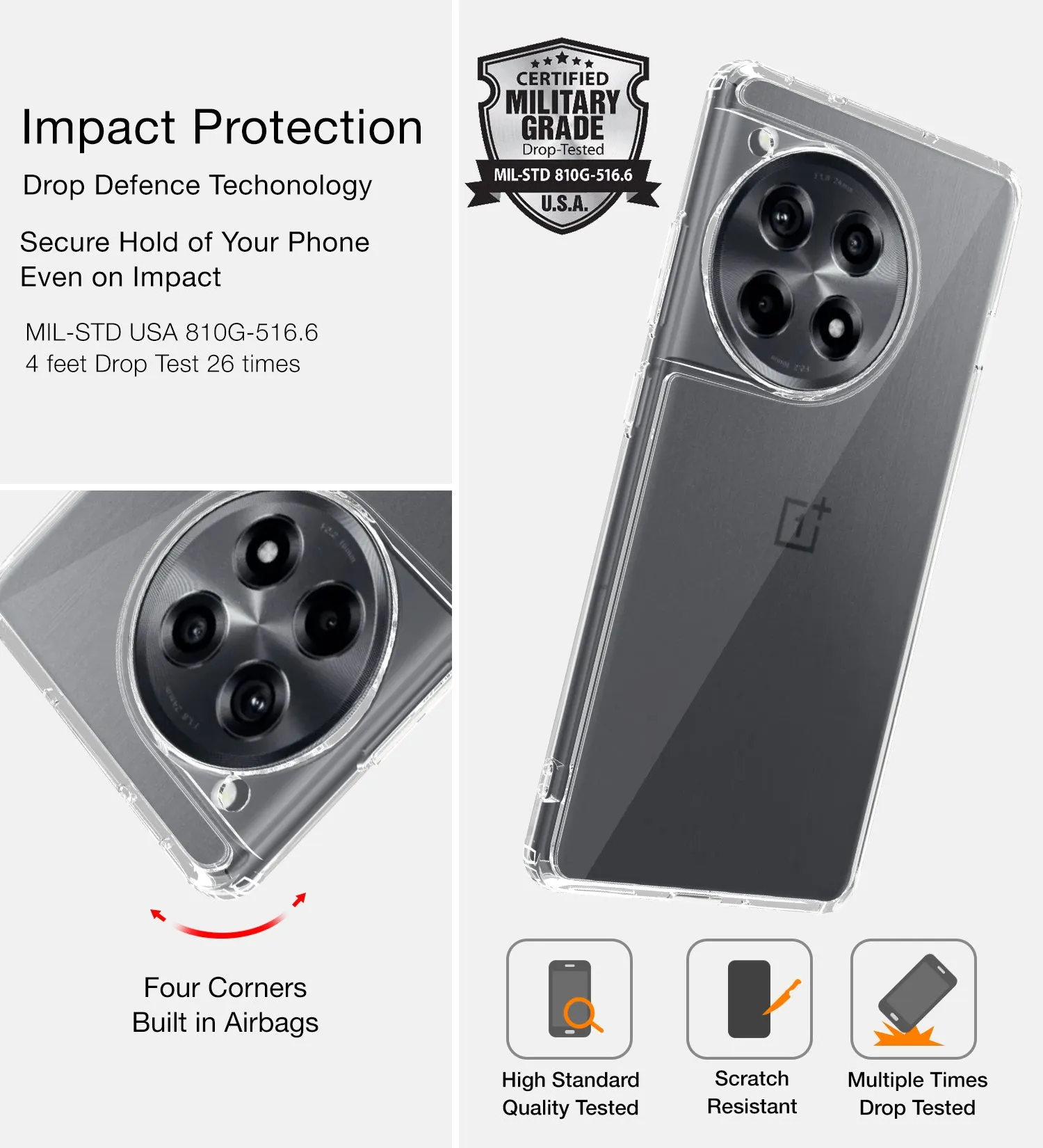 Ice Crystal Series Hybrid Transparent PC Military Grade TPU Back Cover for OnePlus 12R 5G, 6.78 inch, Crystal Clear