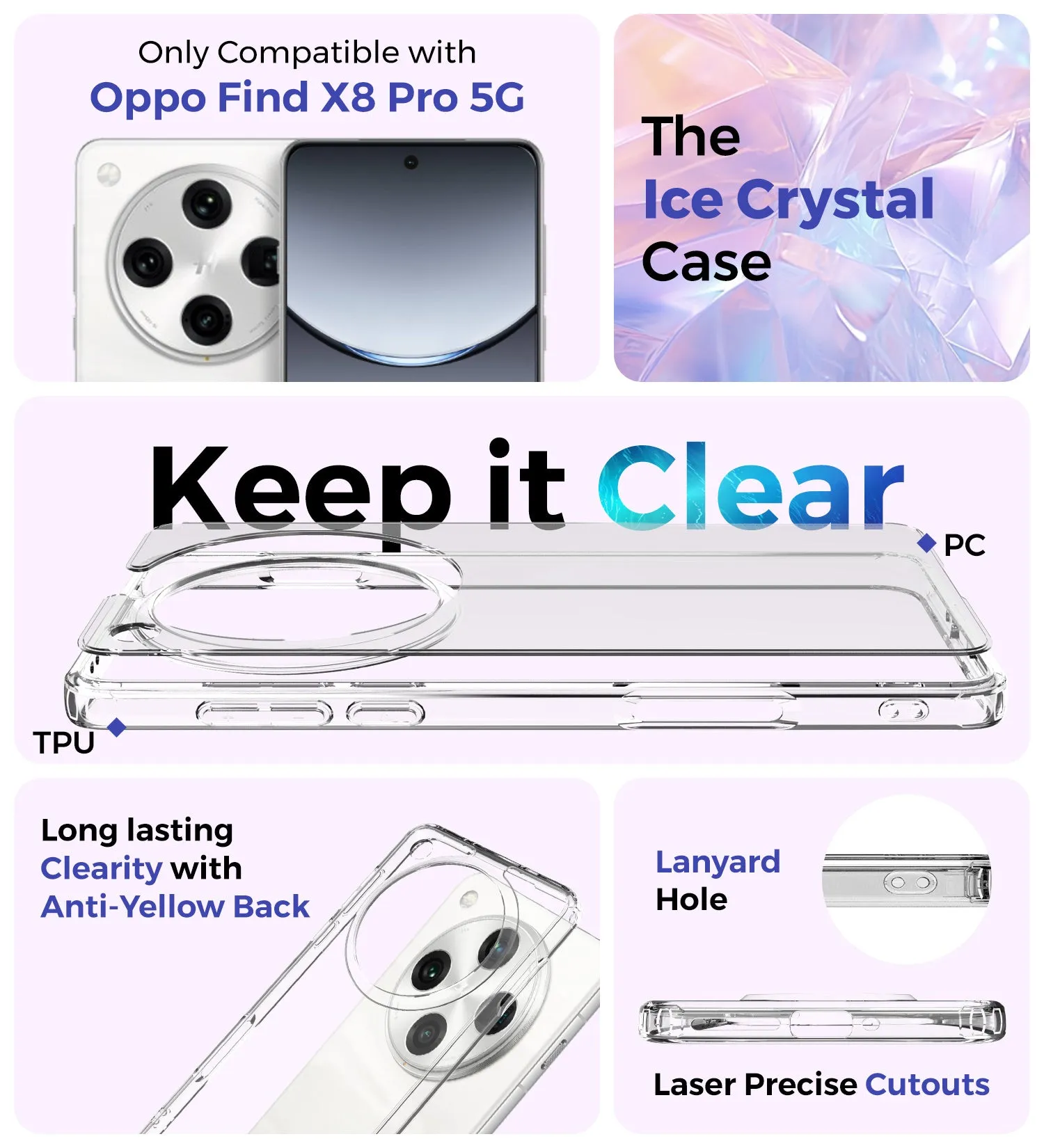 Ice Crystal Series Hybrid Transparent PC Military Grade TPU Back Cover for Oppo Find X8 Pro 5G, 6.78 inch, Crystal Clear