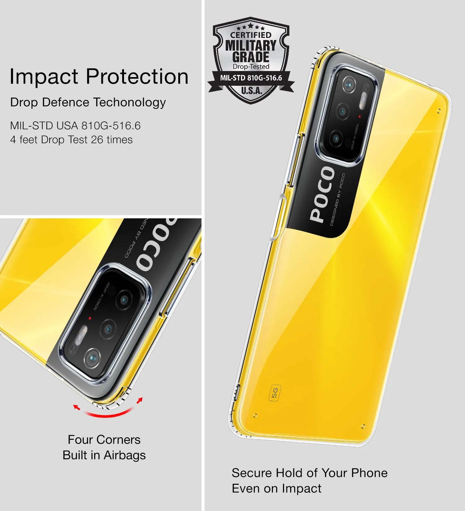 Ice Crystal Series Hybrid Transparent PC Military Grade TPU Back Cover for Poco M3 Pro 5G, 6.5 inch, Crystal Clear