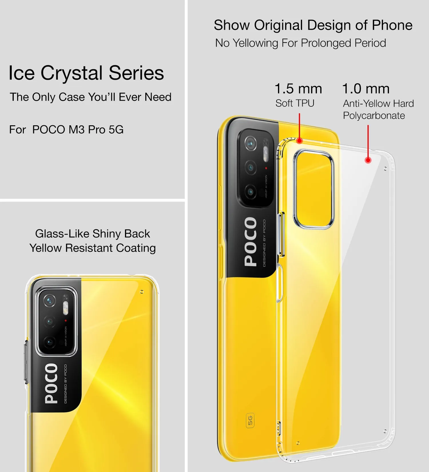 Ice Crystal Series Hybrid Transparent PC Military Grade TPU Back Cover for Poco M3 Pro 5G, 6.5 inch, Crystal Clear