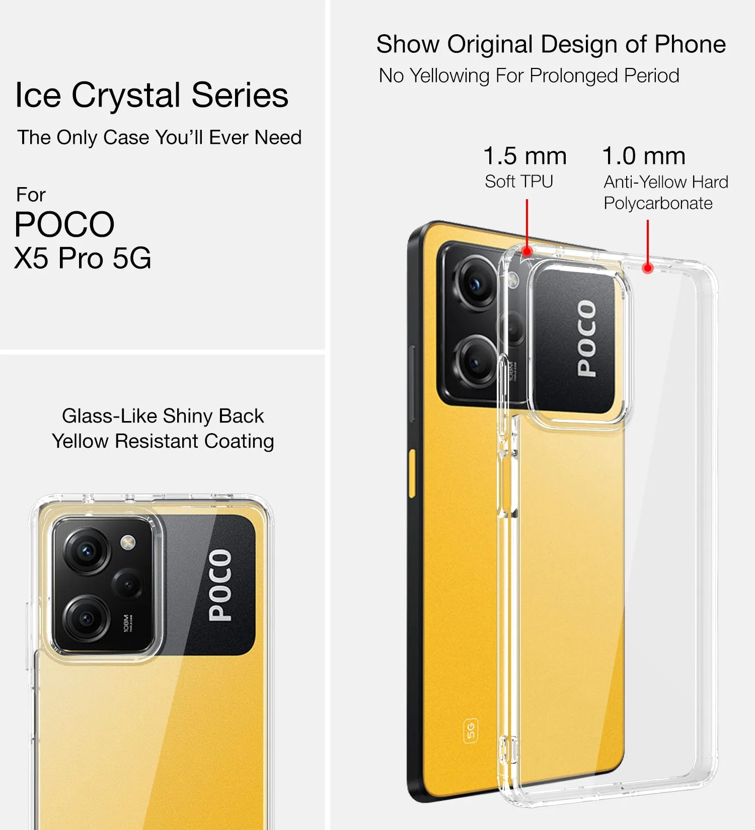 Ice Crystal Series Hybrid Transparent PC Military Grade TPU Back Cover for POCO X5 Pro 5G, 6.67 inch, Crystal Clear