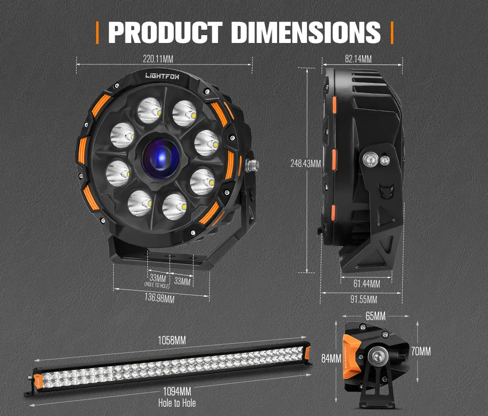 LIGHTFOX OSRAM 9 inch Laser Round Driving Lights 40 inch LED Light Bar Spot Headlight with Wiring Kit