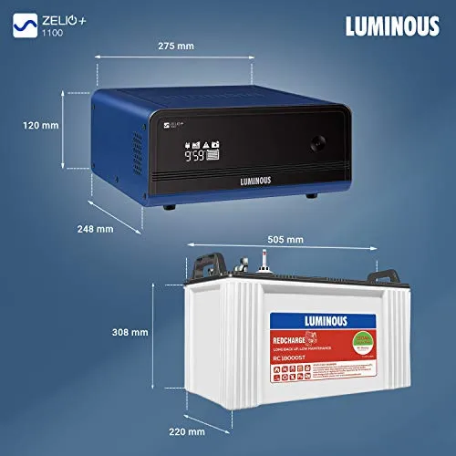 Luminous Inverter & Battery Combo for Home, Office & Shops (Zelio  1100 Pure Sine Wave Inverter, RC 18000ST 150 Ah Tall Tubular Battery)