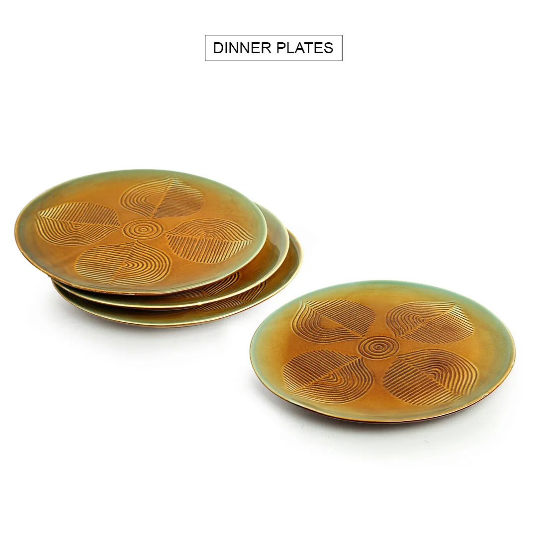 'Peacock Boulevard' Hand-Engraved Ceramic Dinner Plates (Set of 4, Microwave Safe)