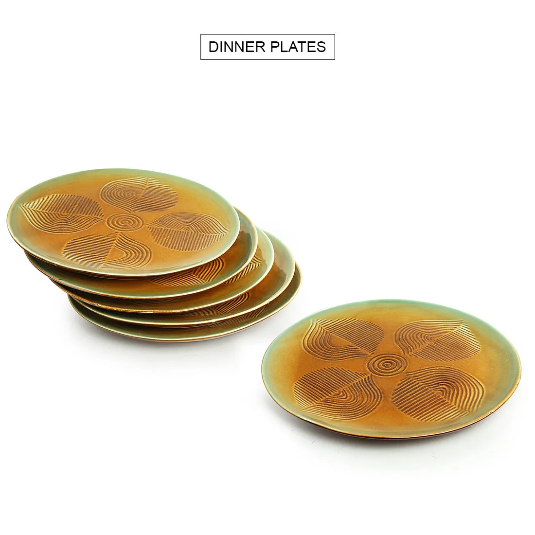 'Peacock Boulevard' Hand-Engraved Ceramic Dinner Plates (Set of 6, Microwave Safe)