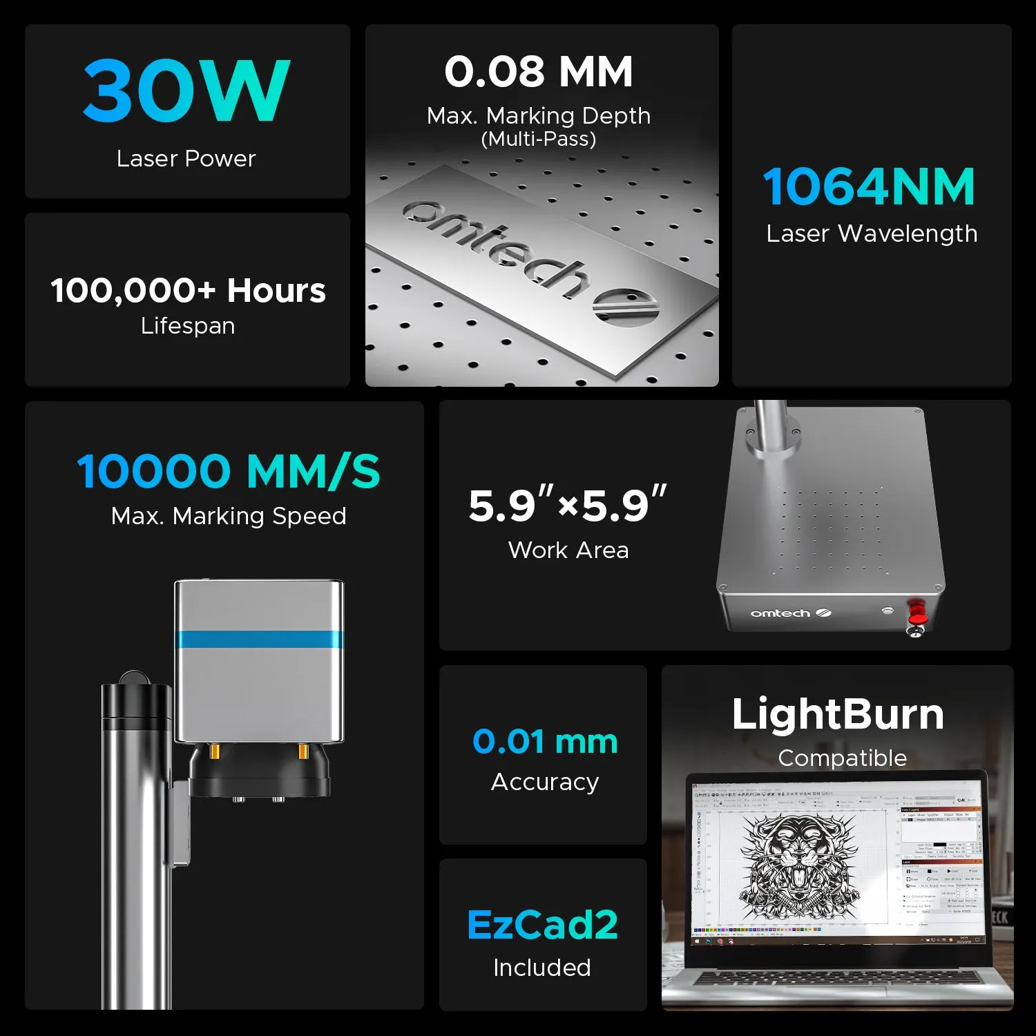 Pre-Owned MOPA Compact 30 - 30W Integrated MOPA Fiber Laser Marker Engraving Machine with 5.9"x5.9" Working Area for Metal
