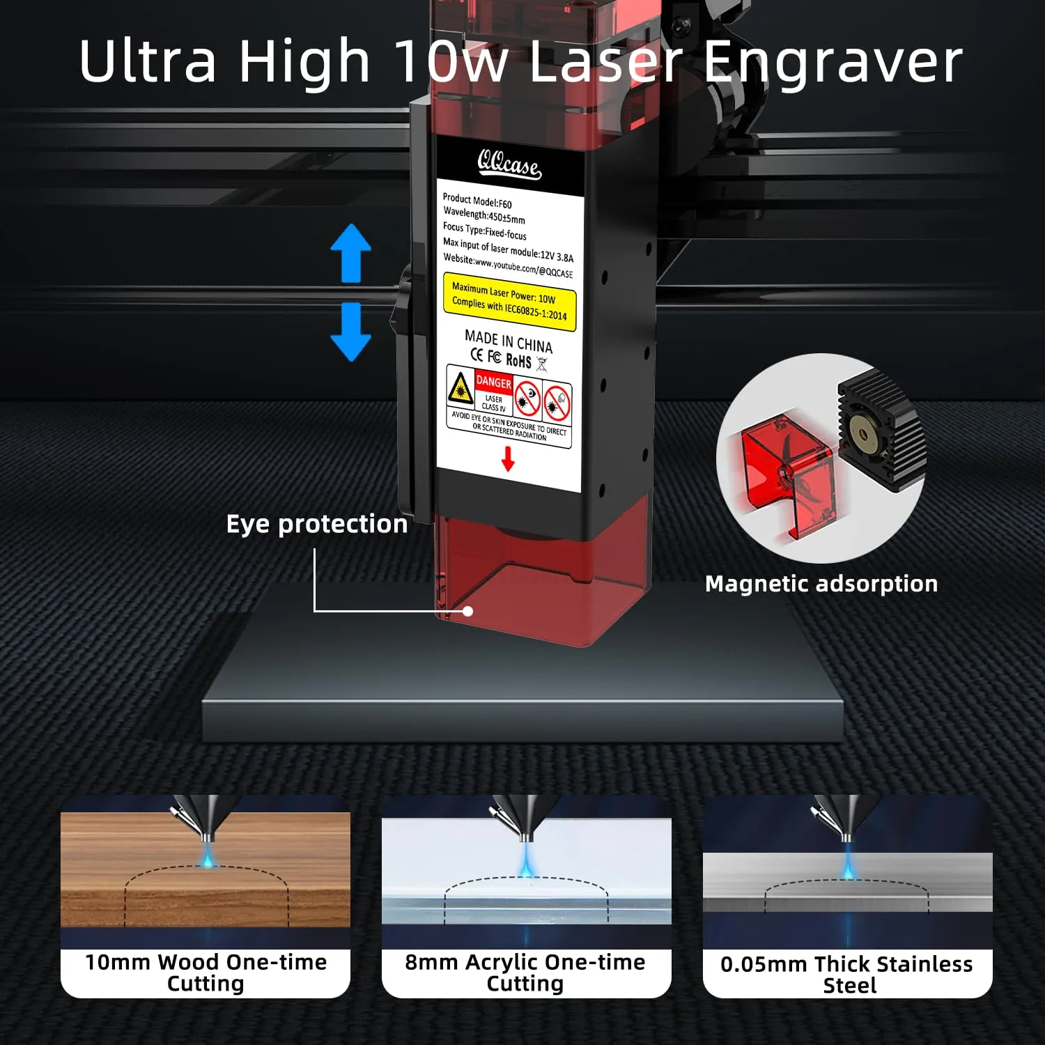 QQCASE 10W Laser Engraver,Higher Accuracy Laser Cutter and Engraver Machine,Laser Engraving Machine 60W Machine Output Power,Laser Engraver for Wood and Metal,Leather,Acrylic,DIY Laser Etching Tool