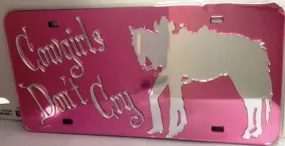 "Cowgirls Don't Cry" Western Mirrored License Plate Pink Dark