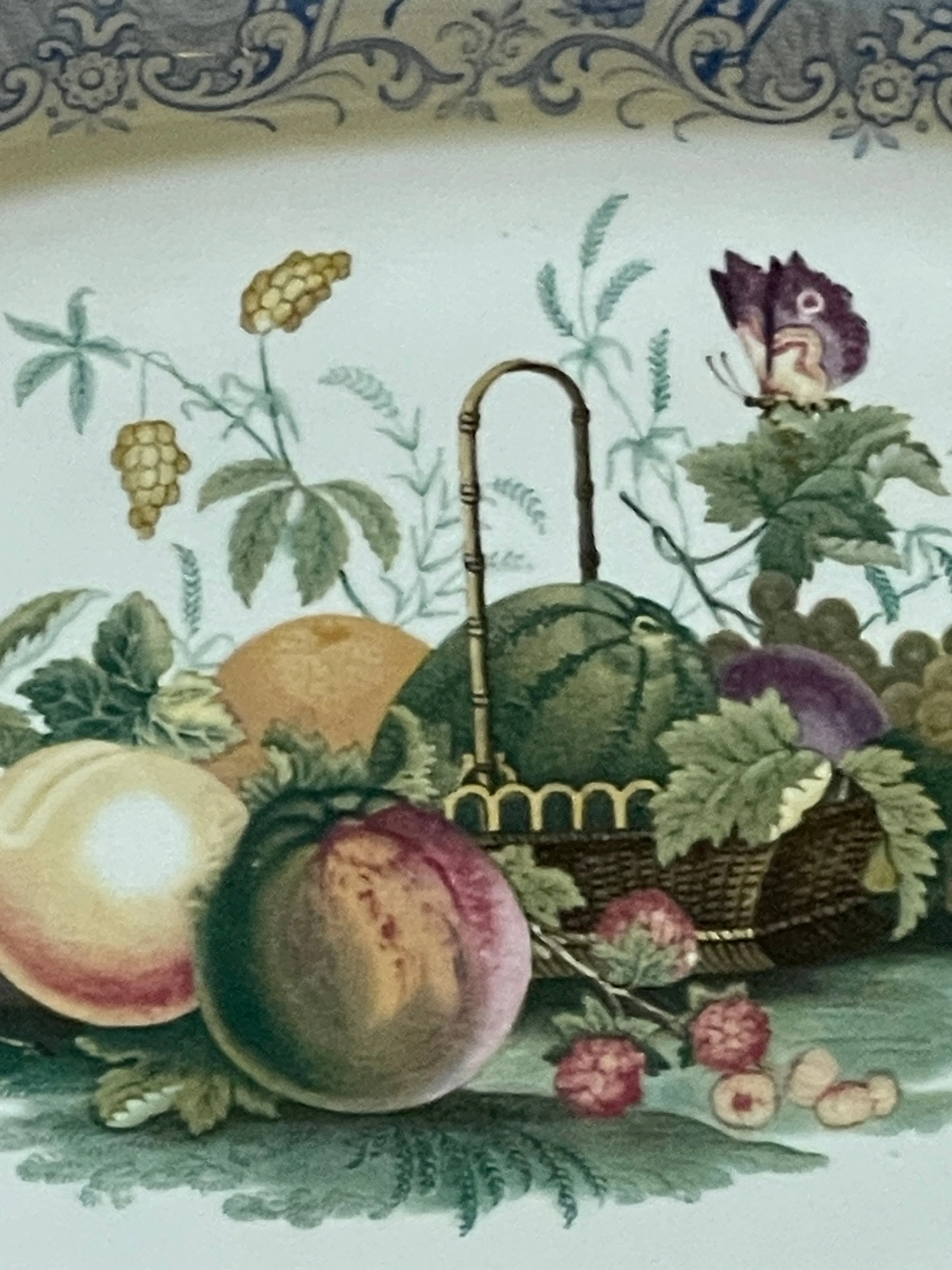RARE William Smith & Co ' WEDGeWOOD ' Fruit Basket Faux Bois Light Blue Polychrome Transferware Platter