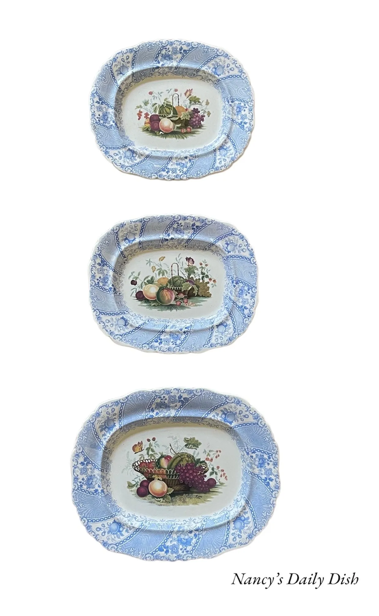 RARE William Smith & Co ' WEDGeWOOD ' Fruit Basket Faux Bois Light Blue Polychrome Transferware Platter